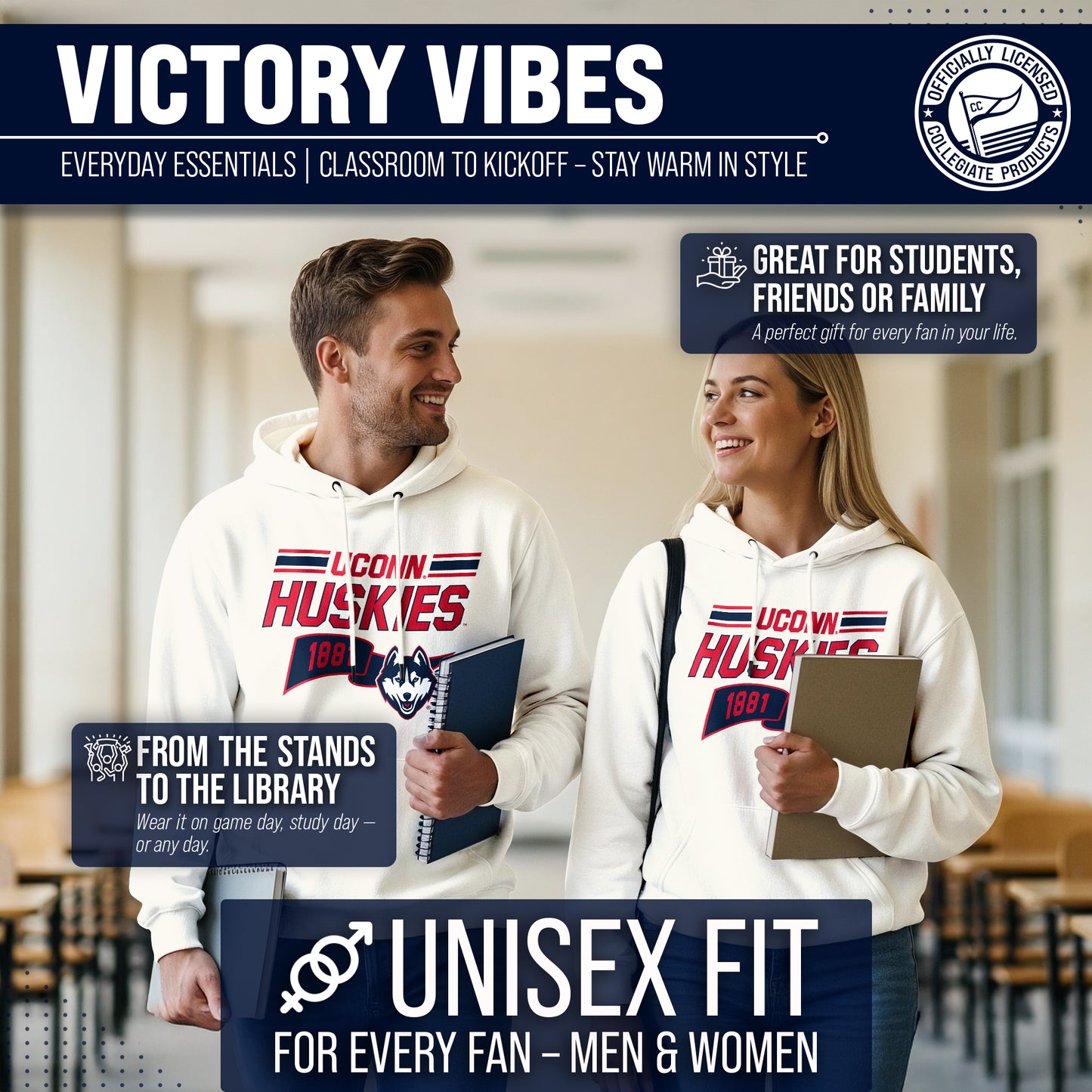 UCONN Huskies NCAA Adult Unisex Varsity Club Pennant Hooded Fleece Sweatshirt - Off White