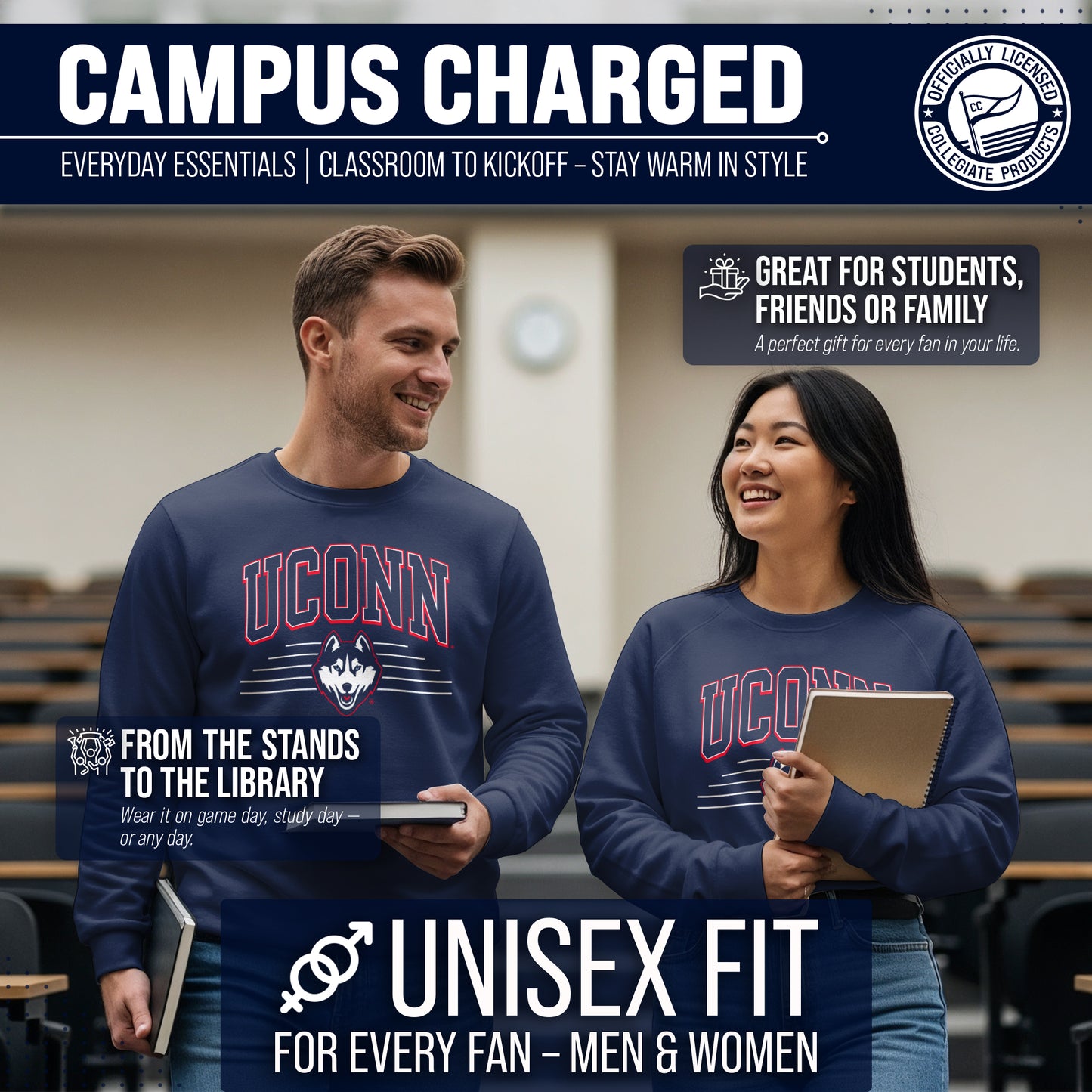 UCONN Huskies NCAA Adult Unisex Overtime Classics Crewneck Fleece Sweatshirt - Navy