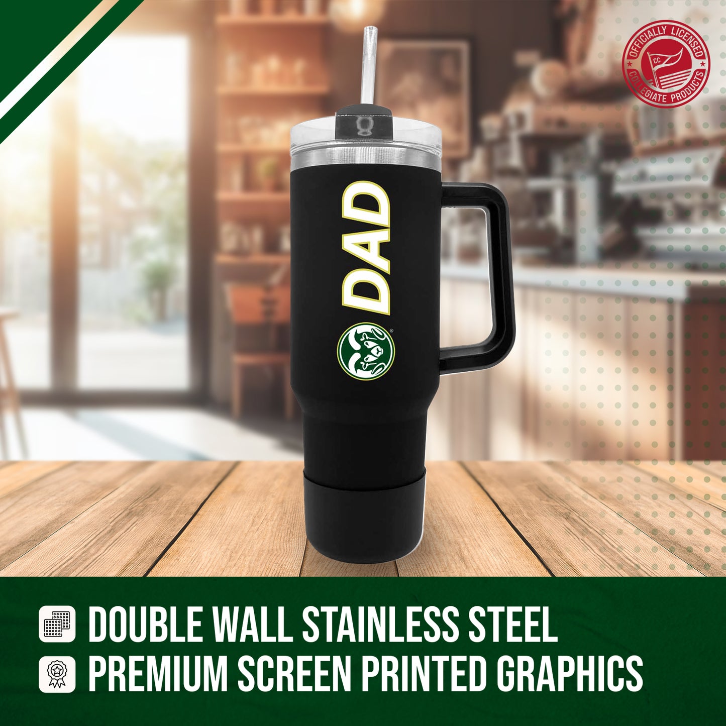 Colorado State Rams Collegiate 40oz Stainless Steel Travel Tumbler with Handle for Dad - Black