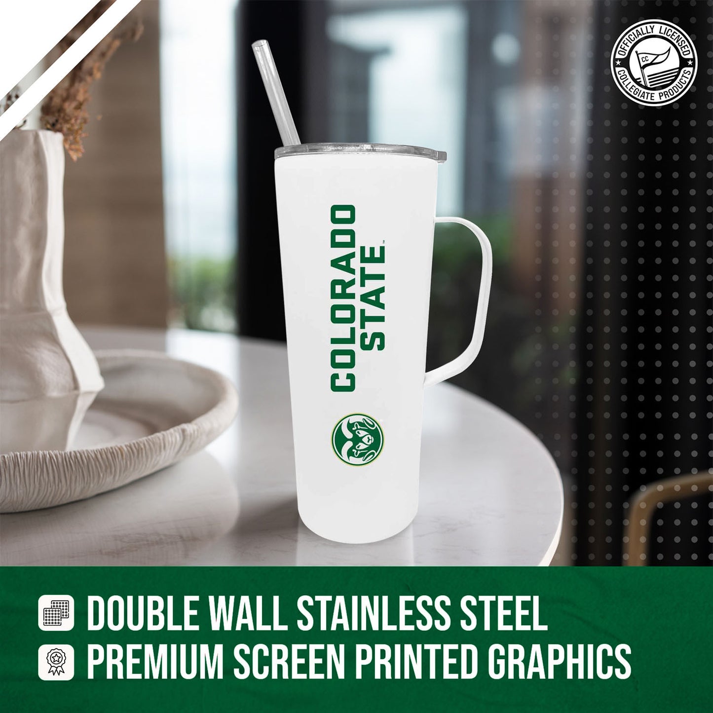 Colorado State Rams NCAA Stainless Steel 20oz Roadie With Handle & Dual Option Lid With Straw - White