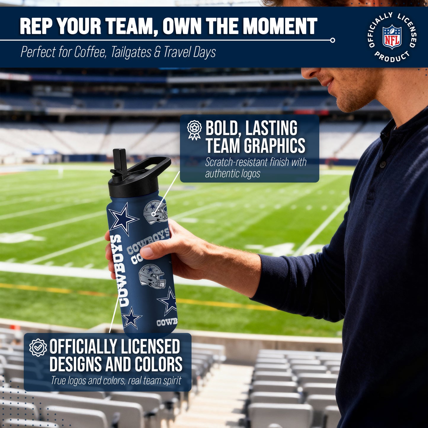 Dallas Cowboys NFL 34oz Quencher Stainless Steel Insulated Water Bottle - Navy