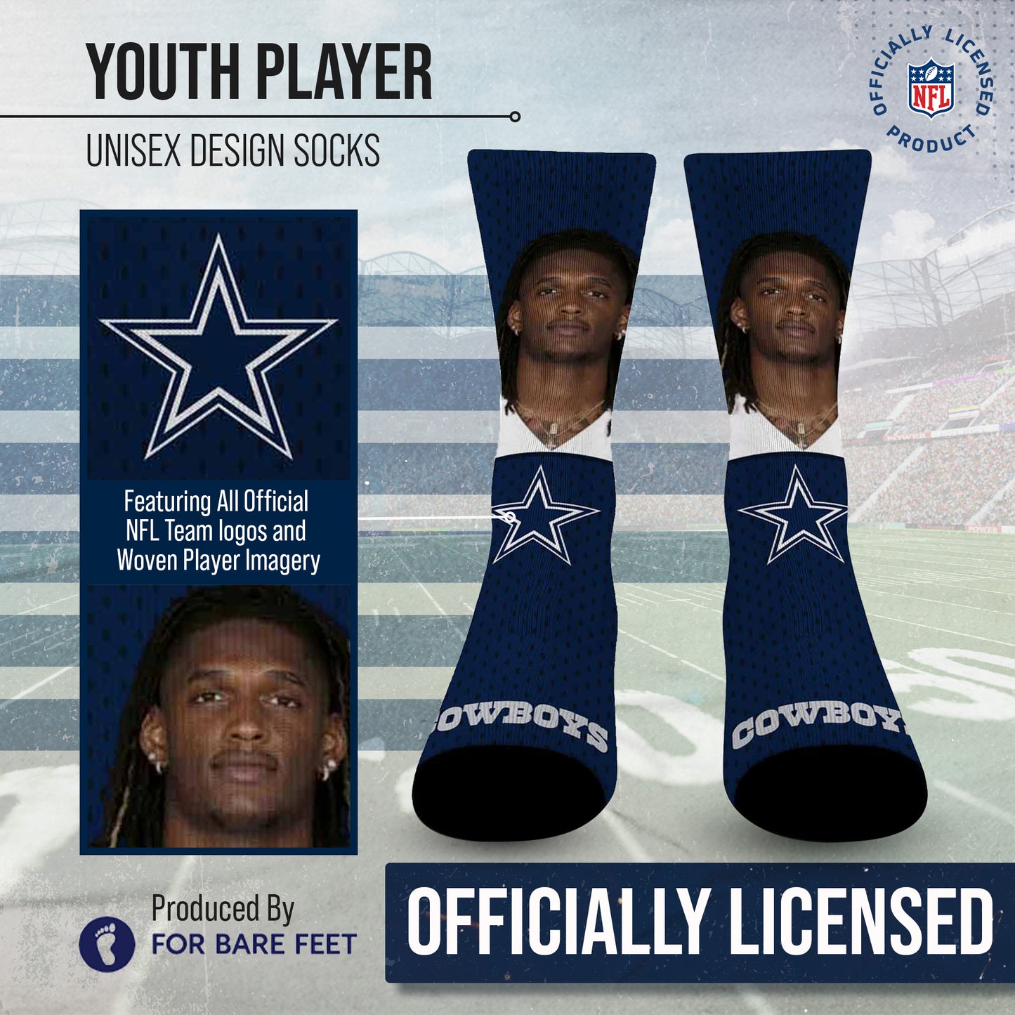 Dallas Cowboys NFL Youth Roster Player Crew Socks - Navy