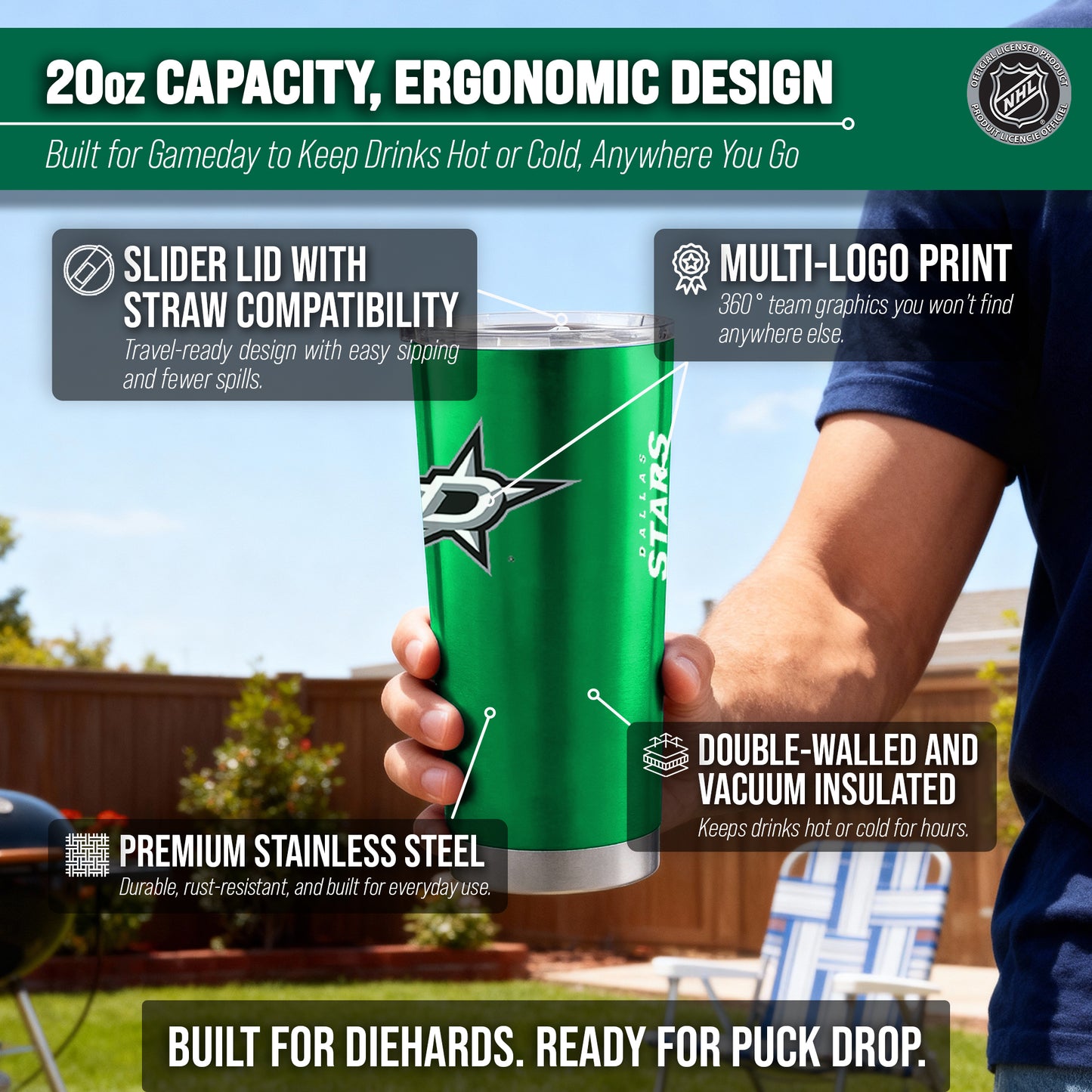 Dallas Stars NHL Hockey 20oz Stainless Steel Vacuum Insulated Game Day Tumbler with Silicone Grip - Kelly Green