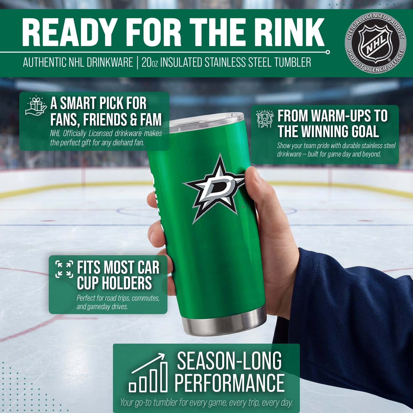 Dallas Stars NHL Hockey 20oz Stainless Steel Vacuum Insulated Game Day Tumbler with Silicone Grip - Kelly Green