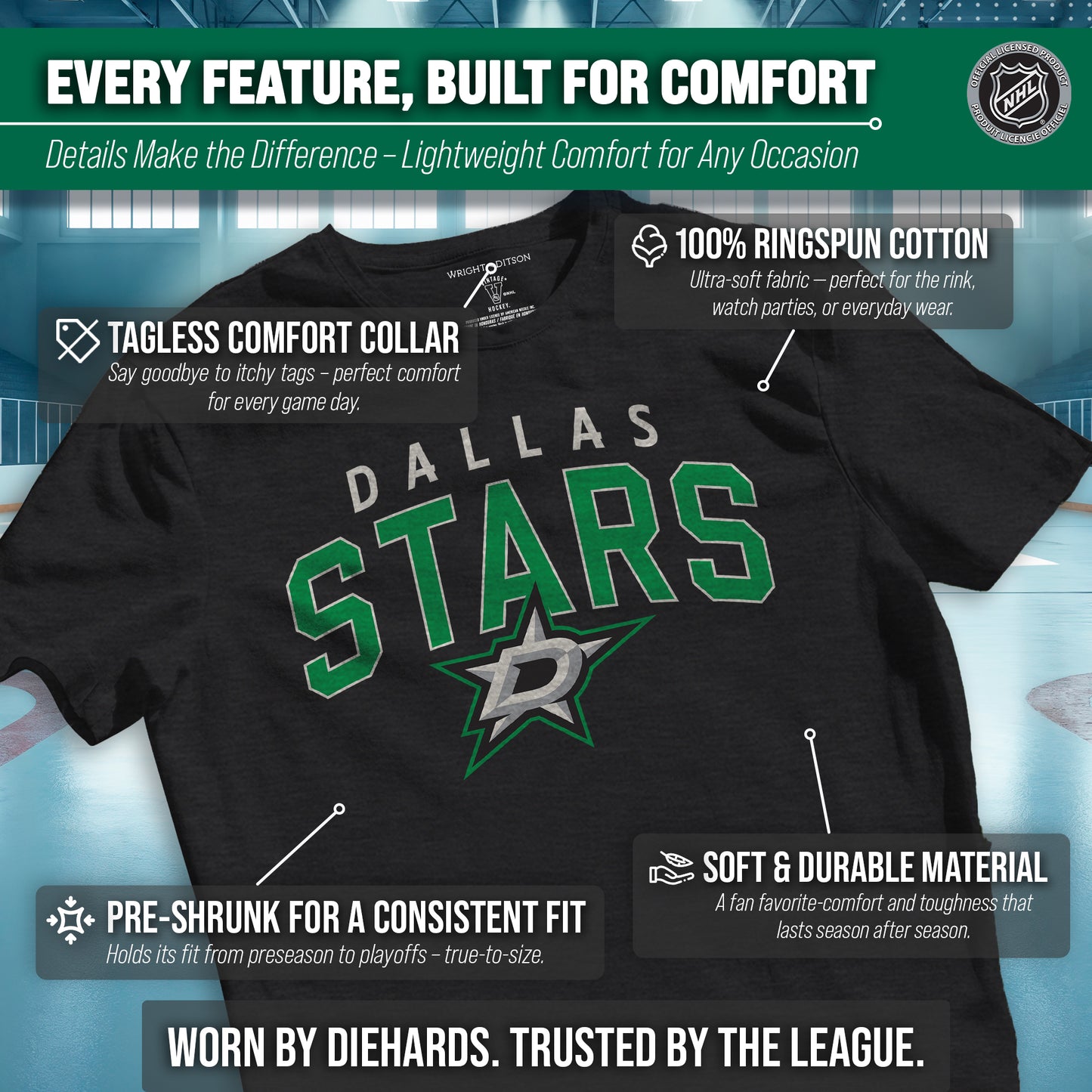Dallas Stars NHL Adult Powerplay Heathered Unisex T-Shirt - Black Heather