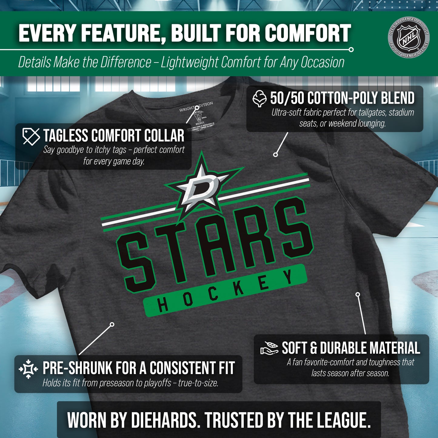 Dallas Stars Adult NHL Heather Charcoal True Fan Hockey T-Shirt - Charcoal