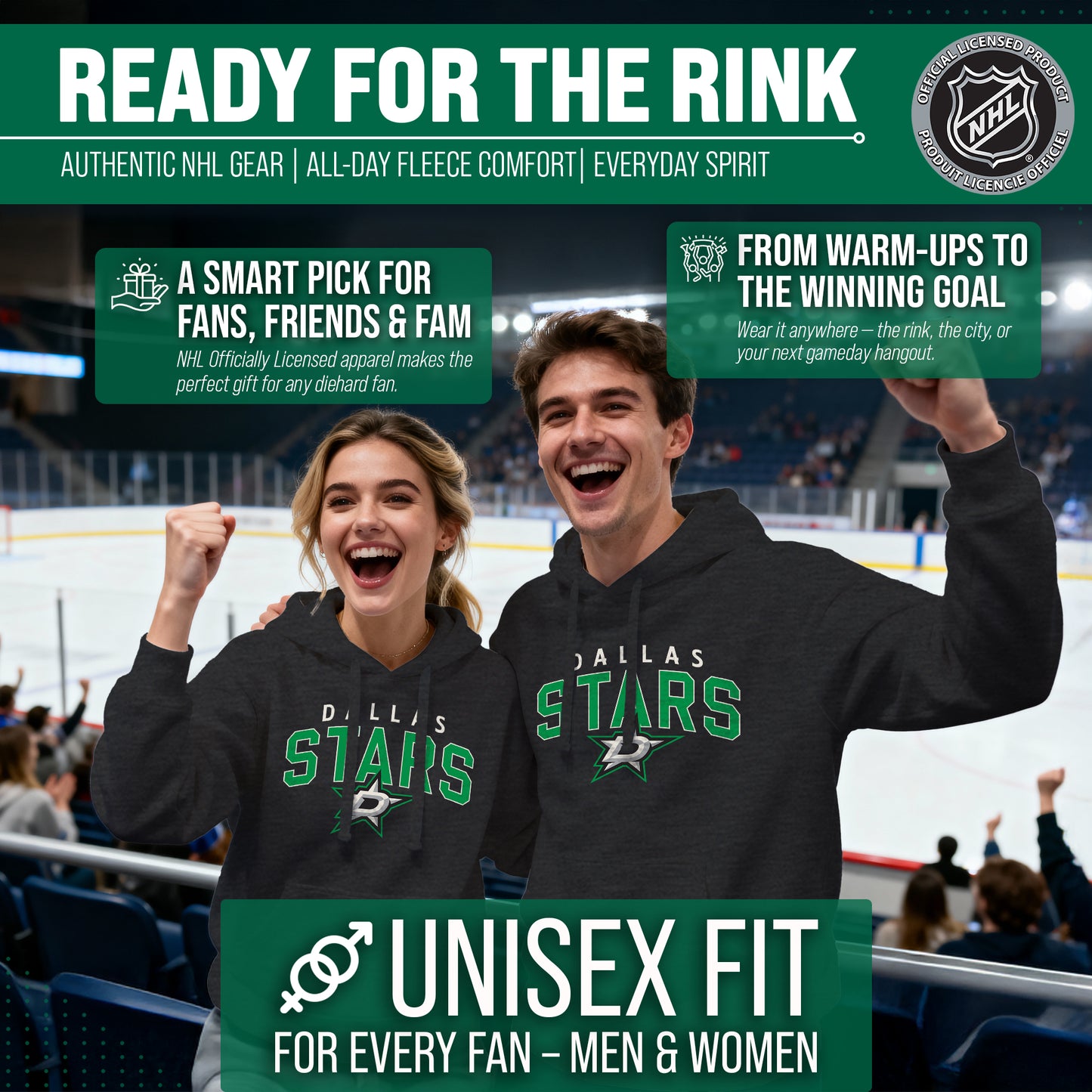 Dallas Stars NHL Adult Unisex Powerplay Hooded Sweatshirt - Black Heather