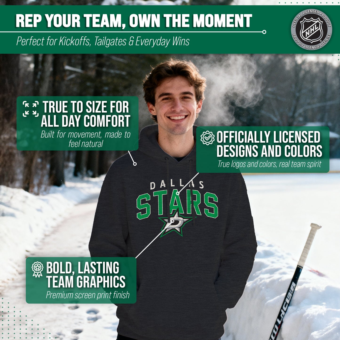Dallas Stars NHL Adult Unisex Powerplay Hooded Sweatshirt - Black Heather