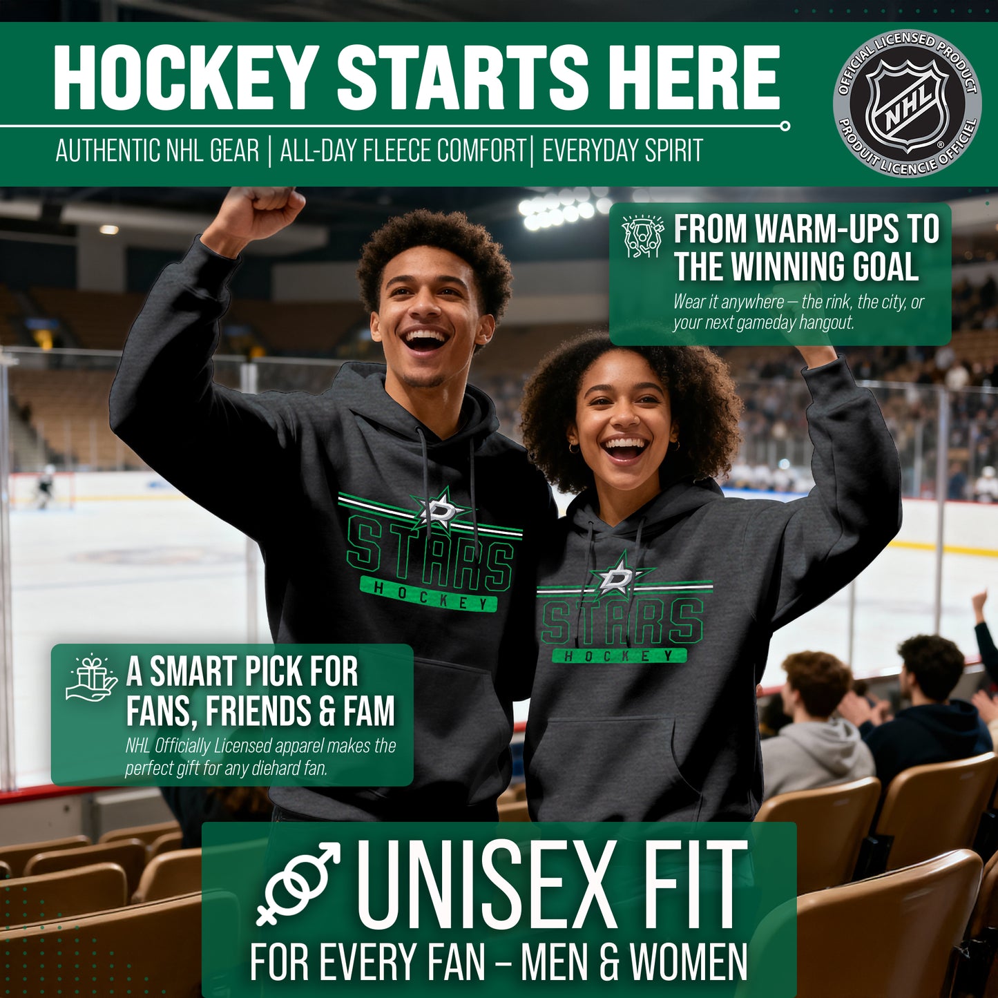 Dallas Stars NHL Adult Heather Charcoal True Fan Hooded Sweatshirt Unisex - Charcoal