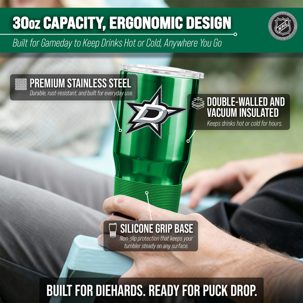 Dallas Stars NHL Hockey 34oz Stainless Steel Vacuum Insulated Game Day Water Bottle with Flip Straw Lid and Handle - Kelly Green