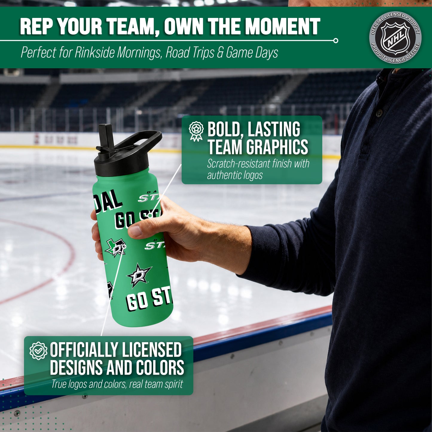 Dallas Stars NHL Hockey 34oz Stainless Steel Vacuum Insulated Game Day Water Bottle with Flip Straw Lid and Handle - Kelly Green