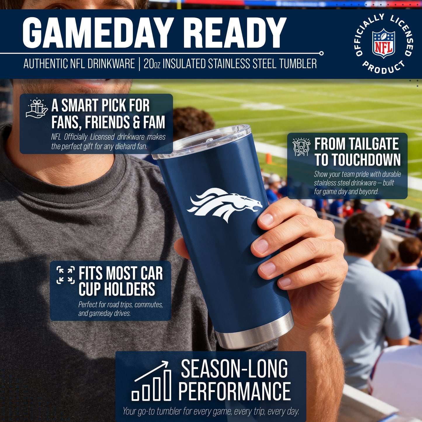 Denver Broncos NFL 20oz Gameday Stainless Steel Tumbler - Navy
