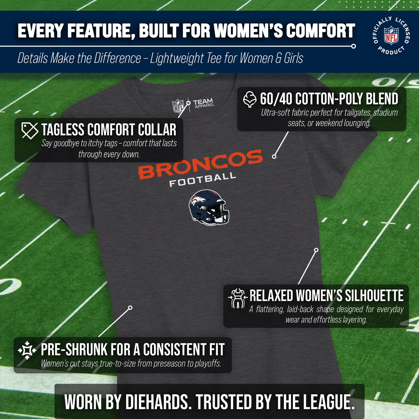 Denver Broncos Women's NFL Football Helmet Short Sleeve Tagless T-Shirt - Charcoal
