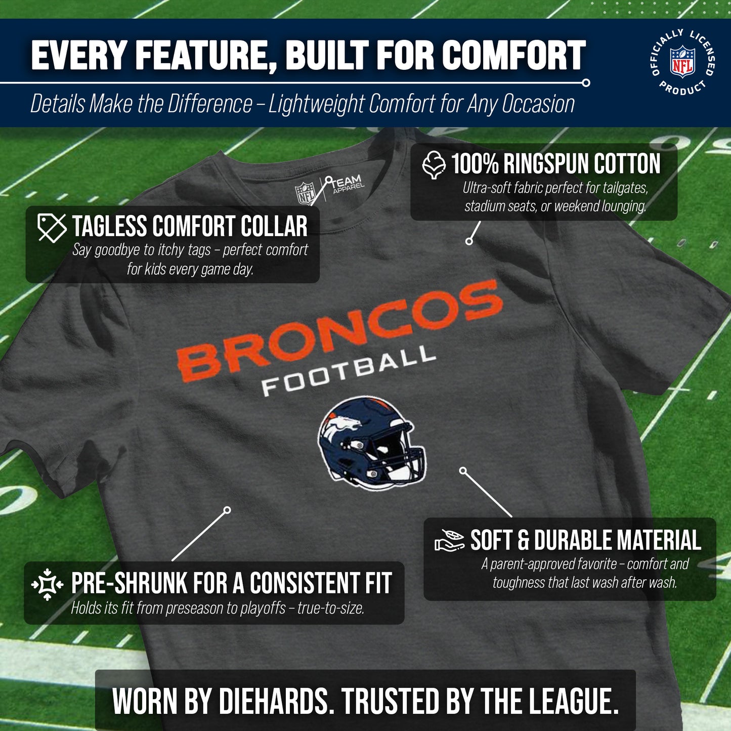 Denver Broncos NFL Youth Football Helmet Tagless T-Shirt - Charcoal
