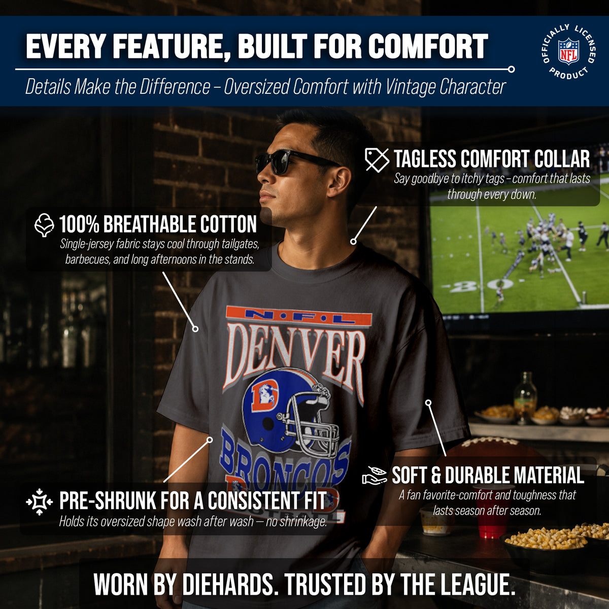 Denver Broncos  NFL Franchise Oversized Cotton Tee Men Fan Short Sleeve - Black