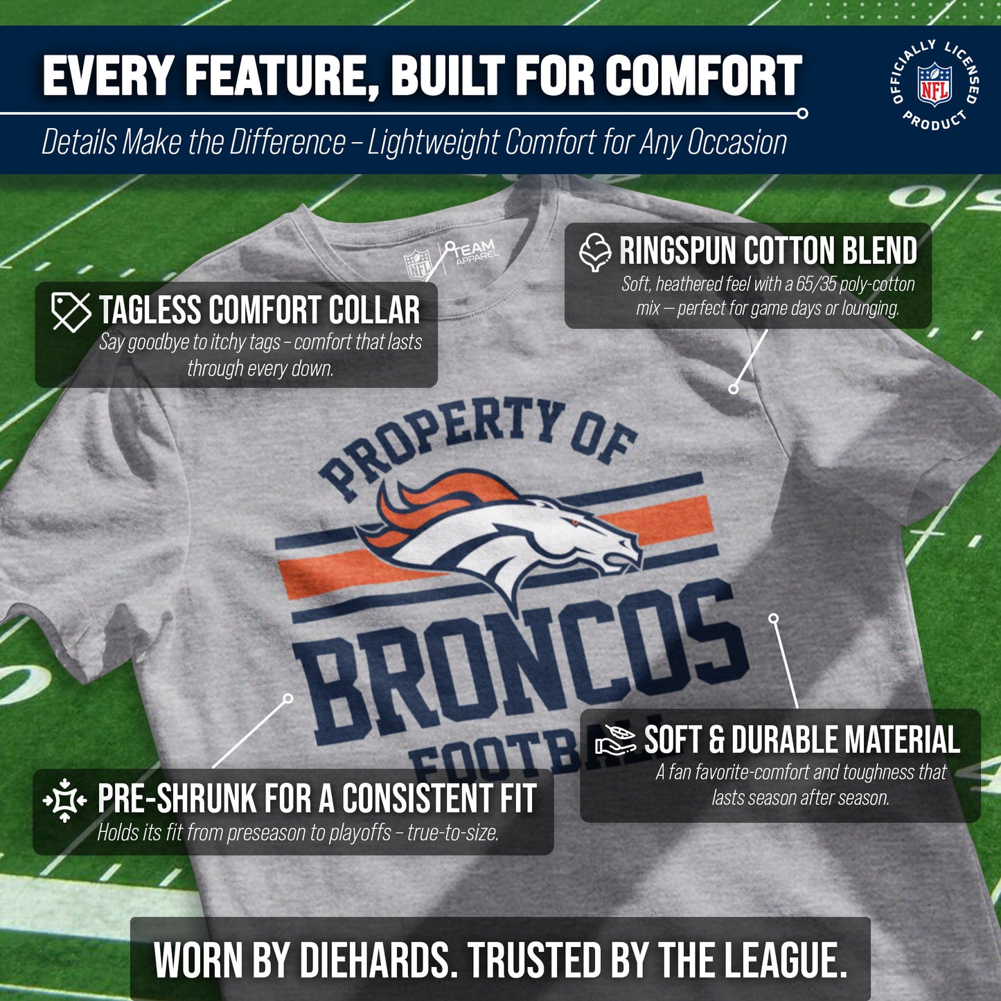 Denver Broncos NFL Adult Property Of T-Shirt - Sport Gray
