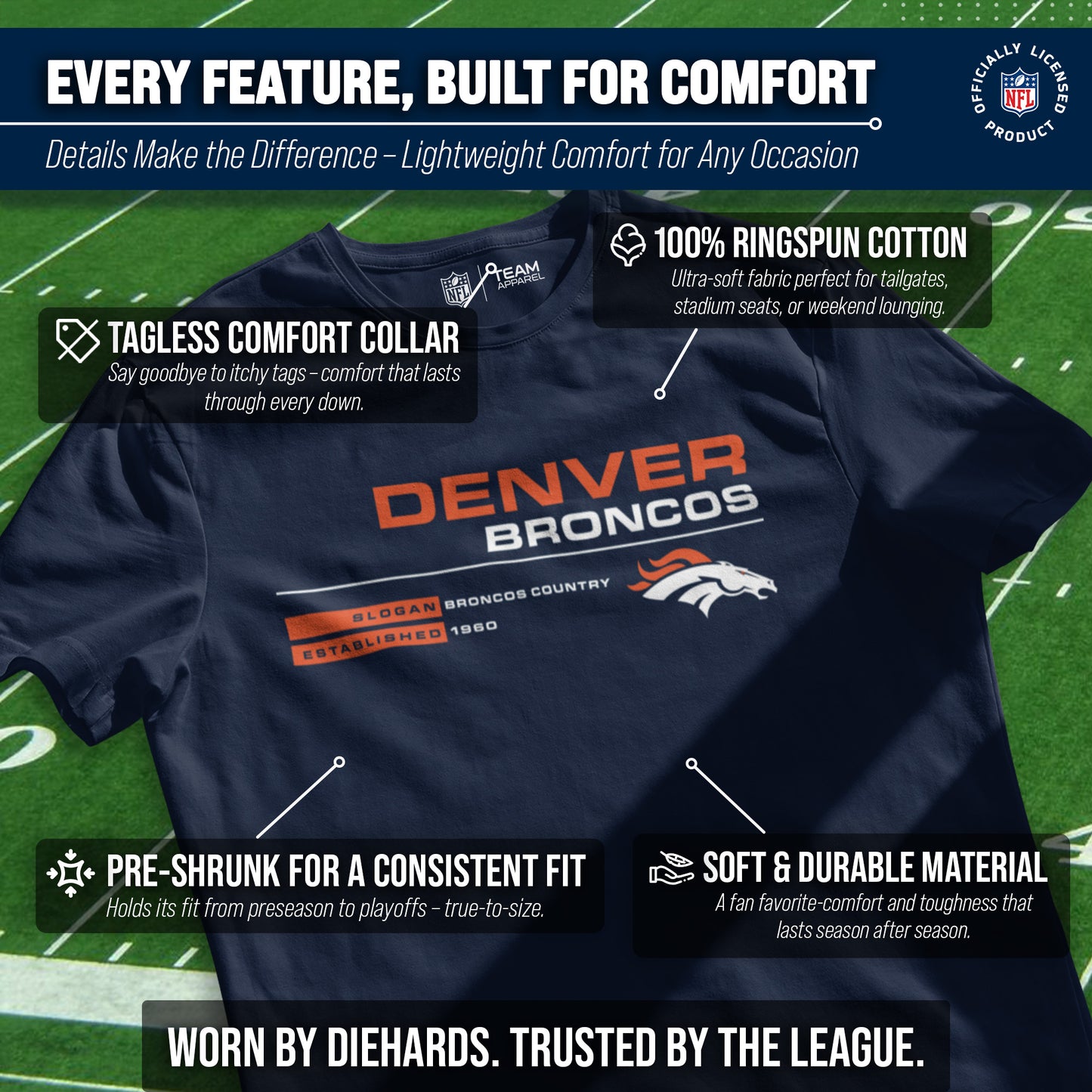 Denver Broncos Adult NFL Speed Stat Sheet T-Shirt - Navy