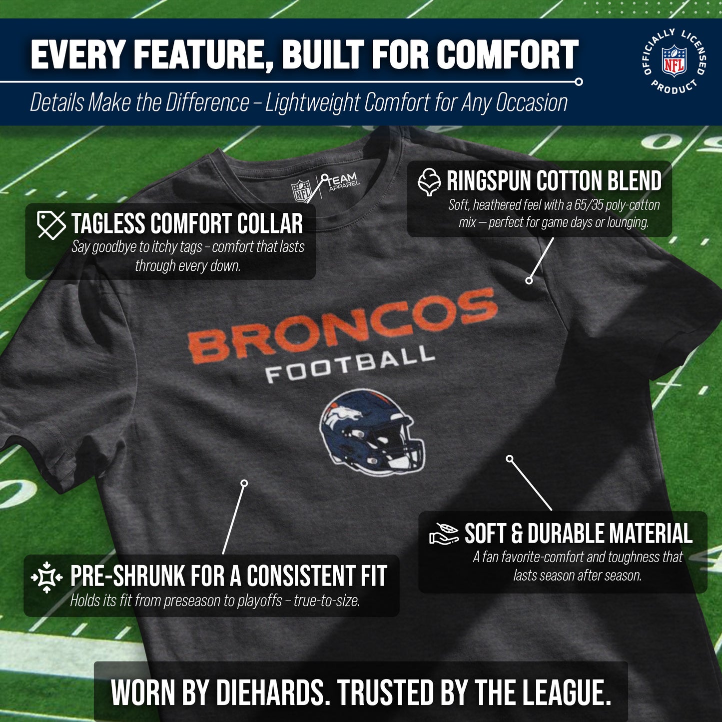 Denver Broncos NFL Adult Football Helmet Tagless T-Shirt - Charcoal
