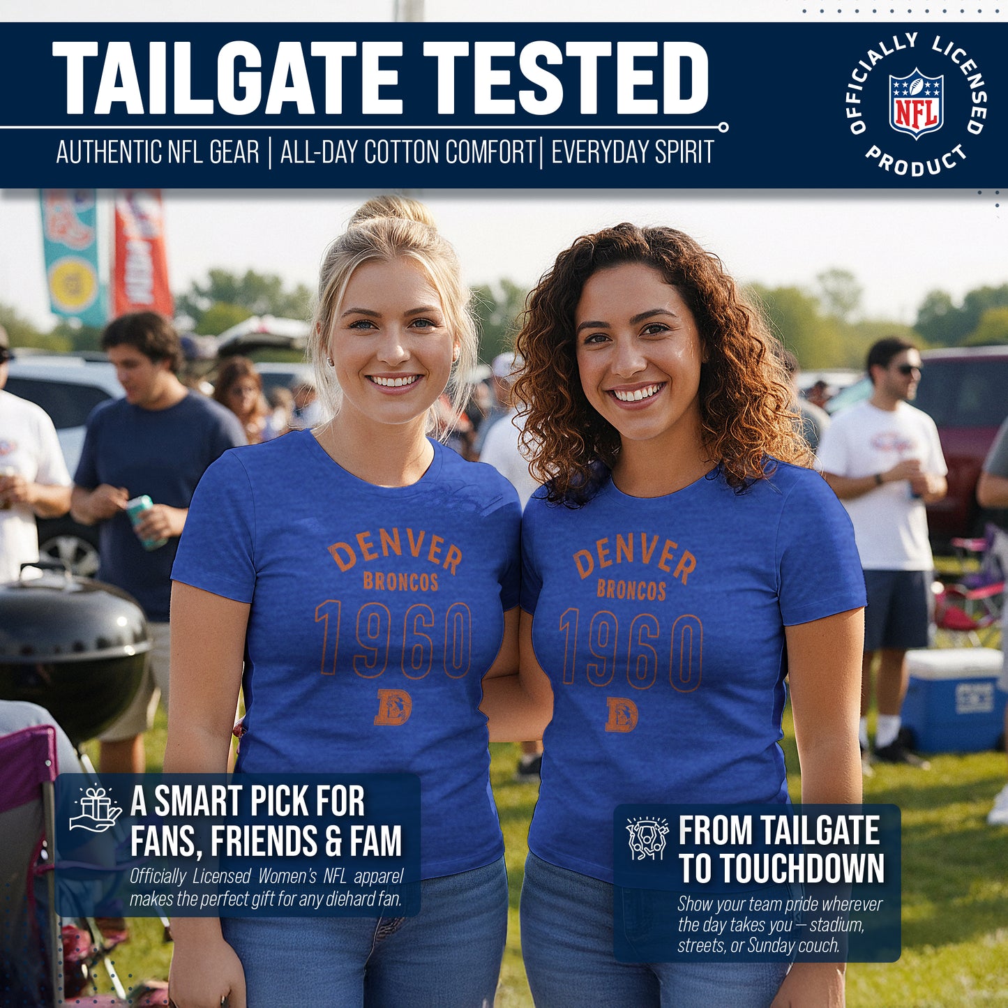 Denver Broncos NFL Womens Big Date Tag-Less T-Shirt - Royal Heather