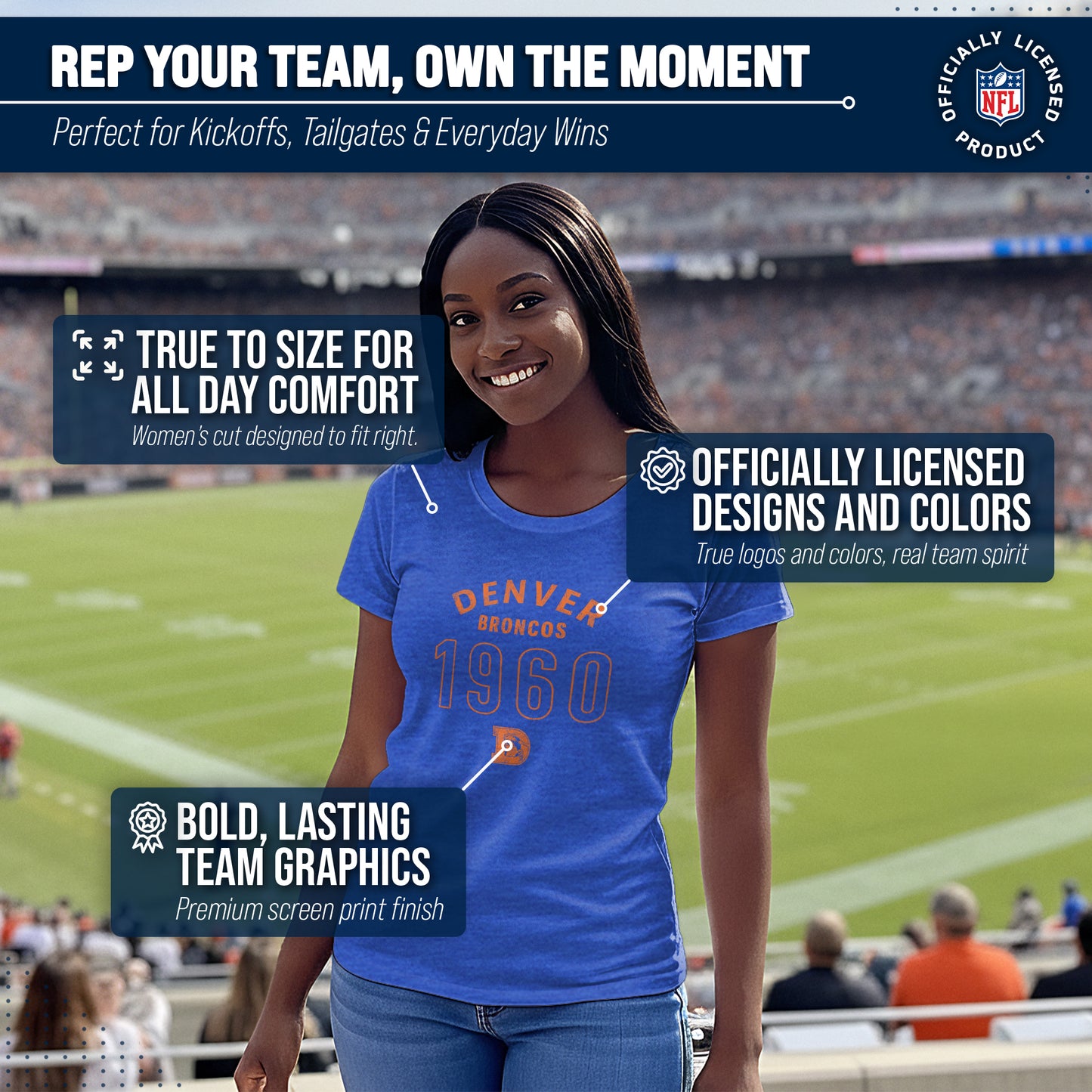 Denver Broncos NFL Womens Big Date Tag-Less T-Shirt - Royal Heather