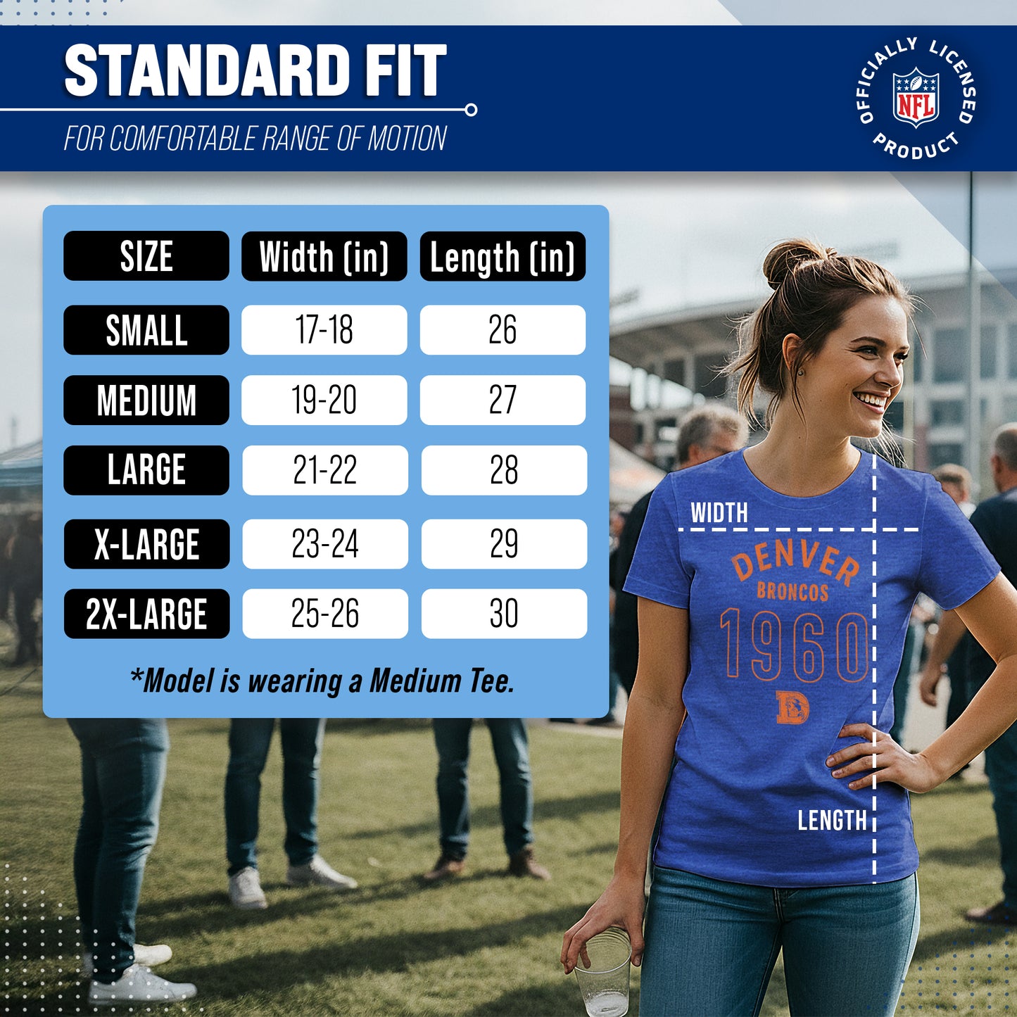 Denver Broncos NFL Womens Big Date Tag-Less T-Shirt - Royal Heather