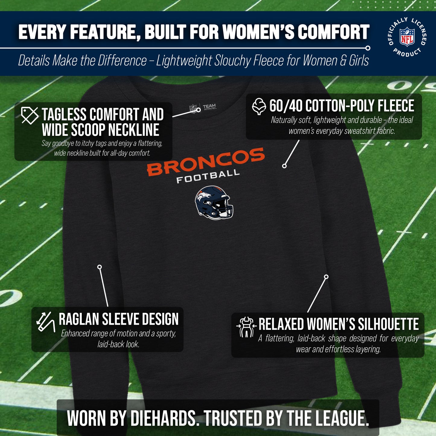 Denver Broncos NFL Womens Helmet French Terry Slouchy Top - Charcoal