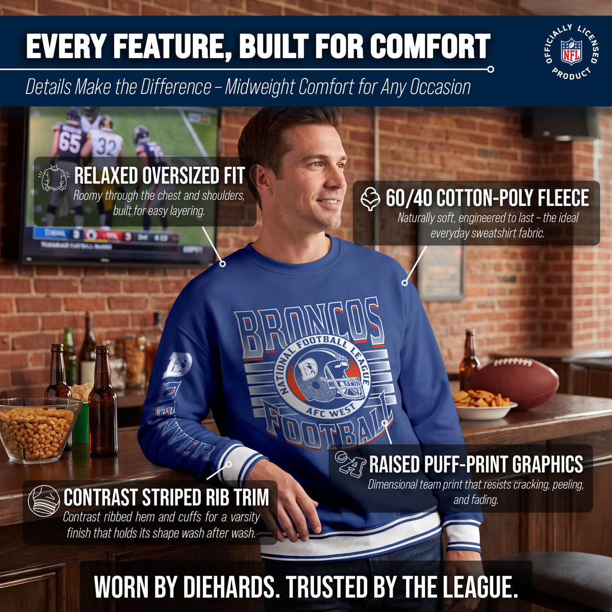 Denver Broncos NFL Men's Franchise Striped Rib Oversized Crewneck - Royal