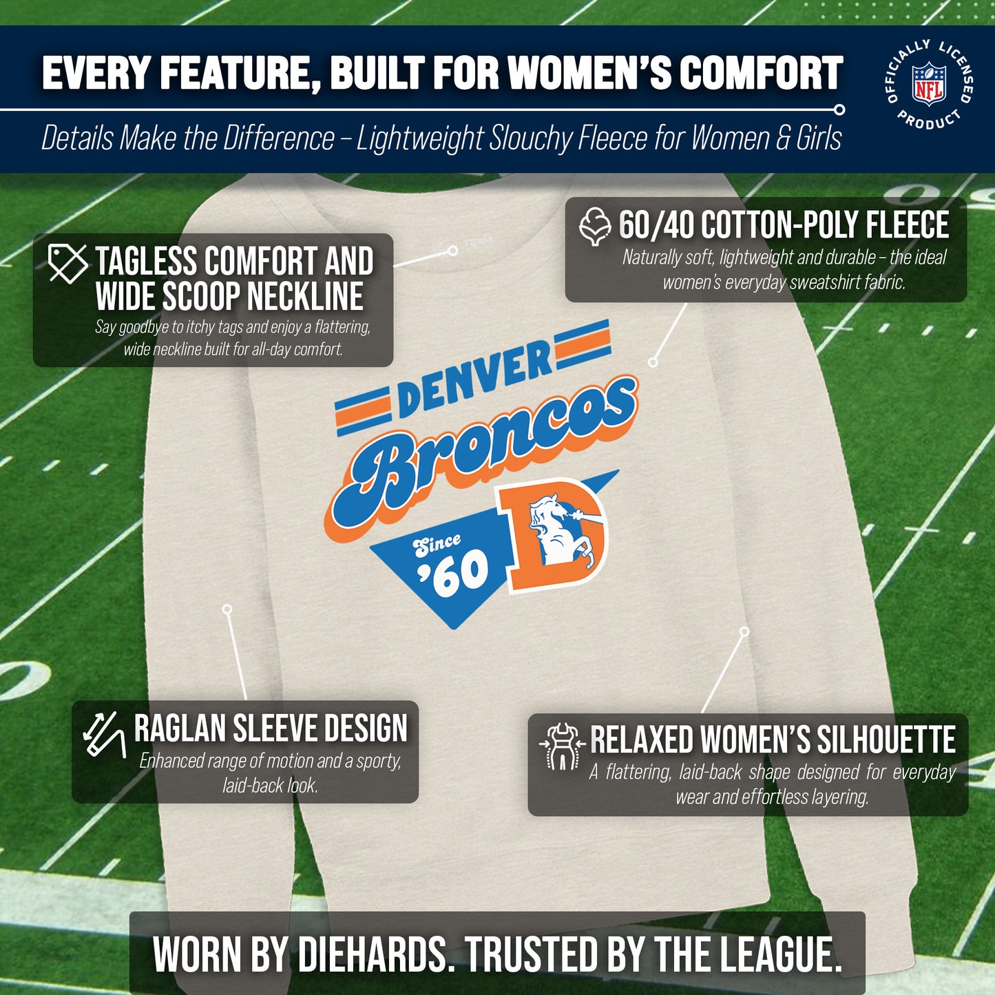 Denver Broncos NFL Womens Vintage Charm French Terry Slouchy Top - Birch