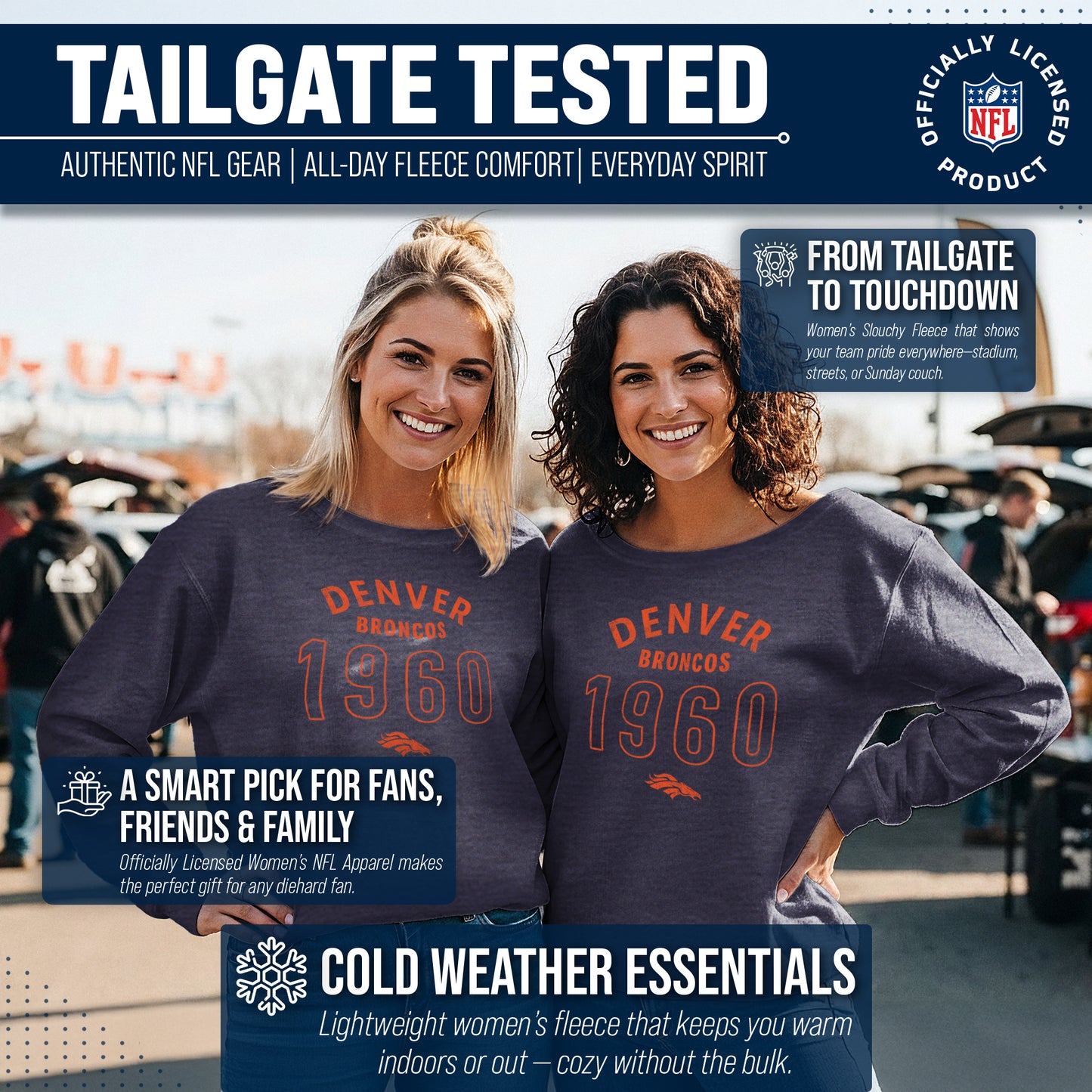 Denver Broncos NFL Womens Big Date French Terry Slouchy Top - Navy Heather