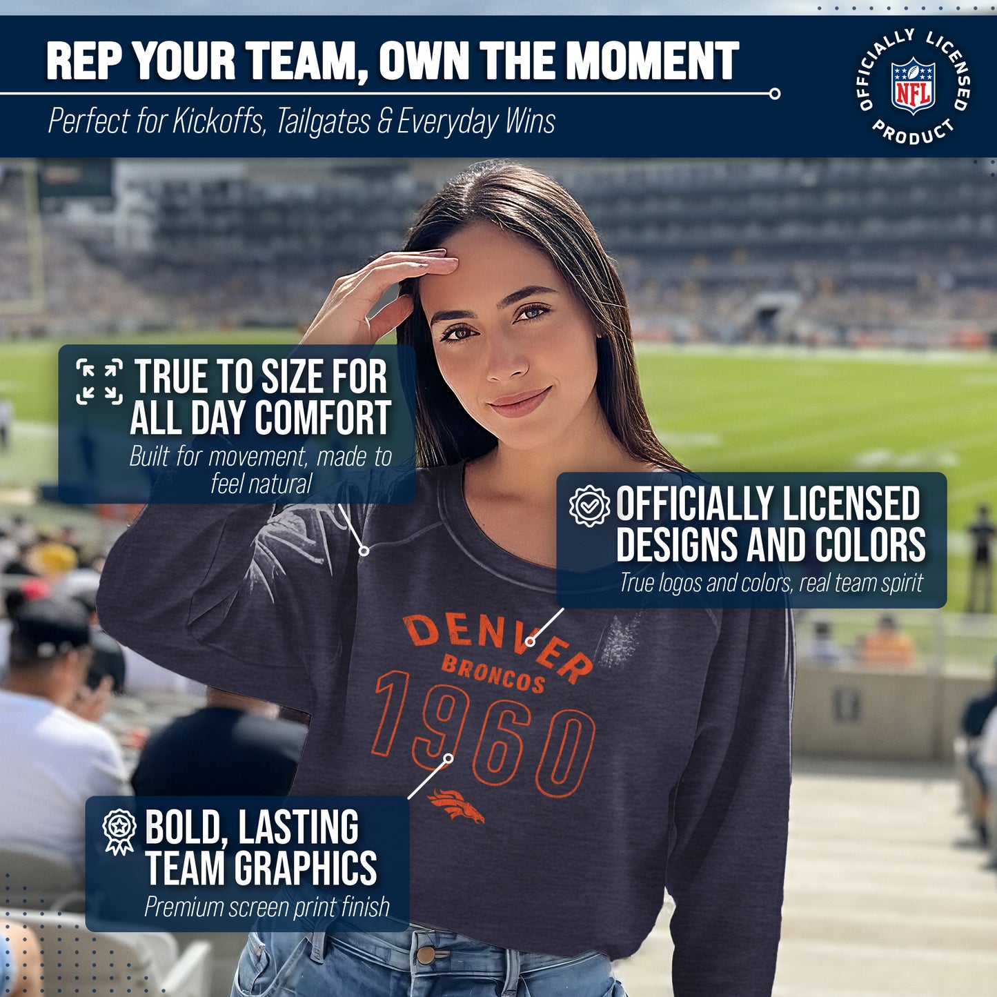Denver Broncos NFL Womens Big Date French Terry Slouchy Top - Navy Heather