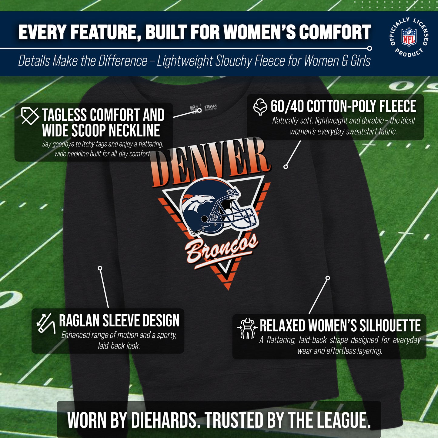 Denver Broncos NFL Womens Retro Triangle French Terry Slouchy Top- Raglan Sleeves - Heather Charcoal