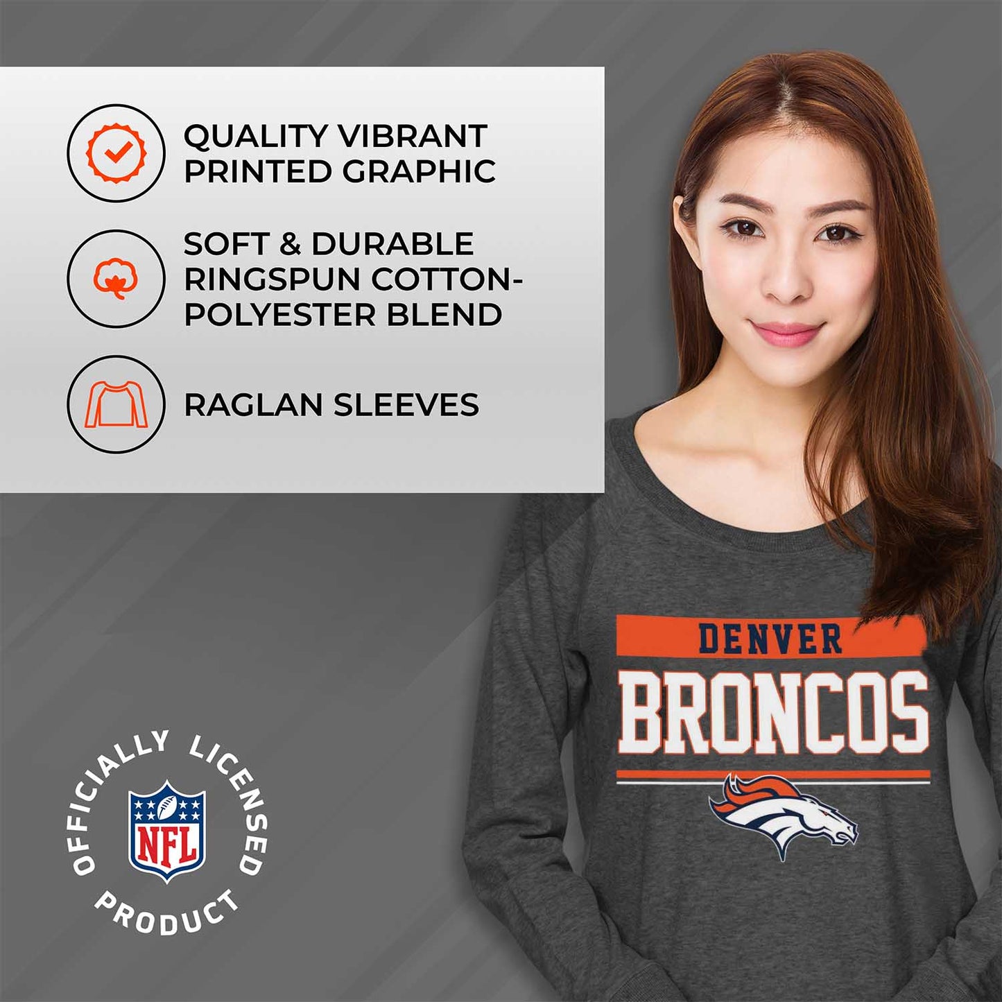 Denver Broncos NFL Womens Team Block French Terry Slouchy Top - Charcoal