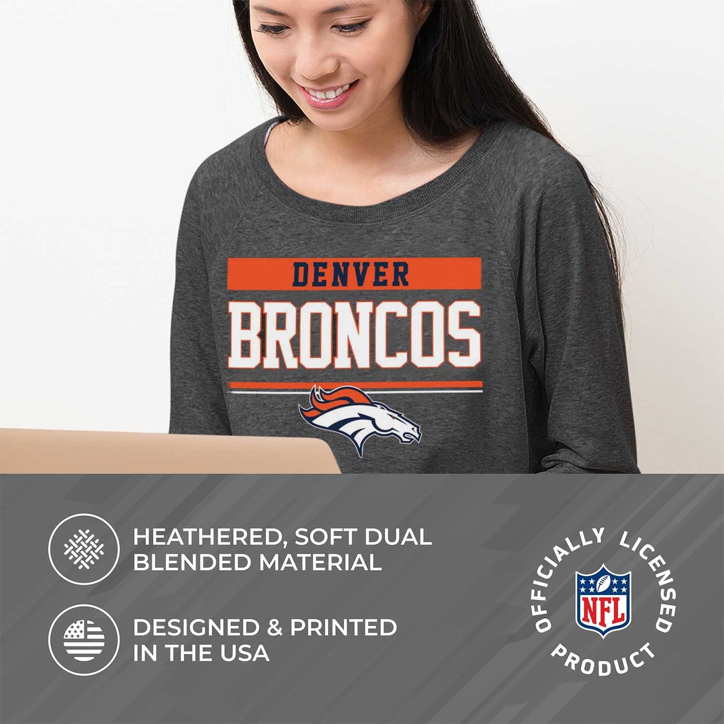 Denver Broncos NFL Womens Team Block French Terry Slouchy Top - Charcoal