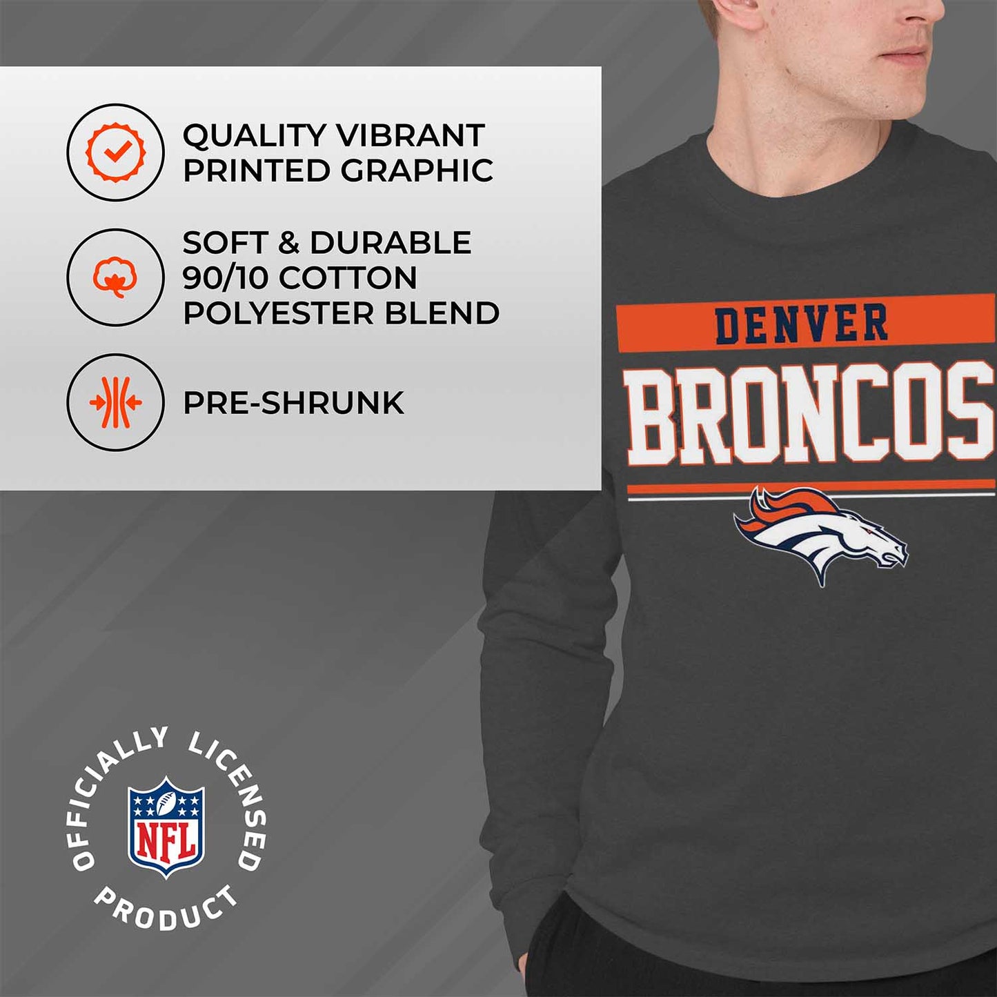 Denver Broncos NFL Adult Charcoal Long Sleeve T Shirt - Charcoal