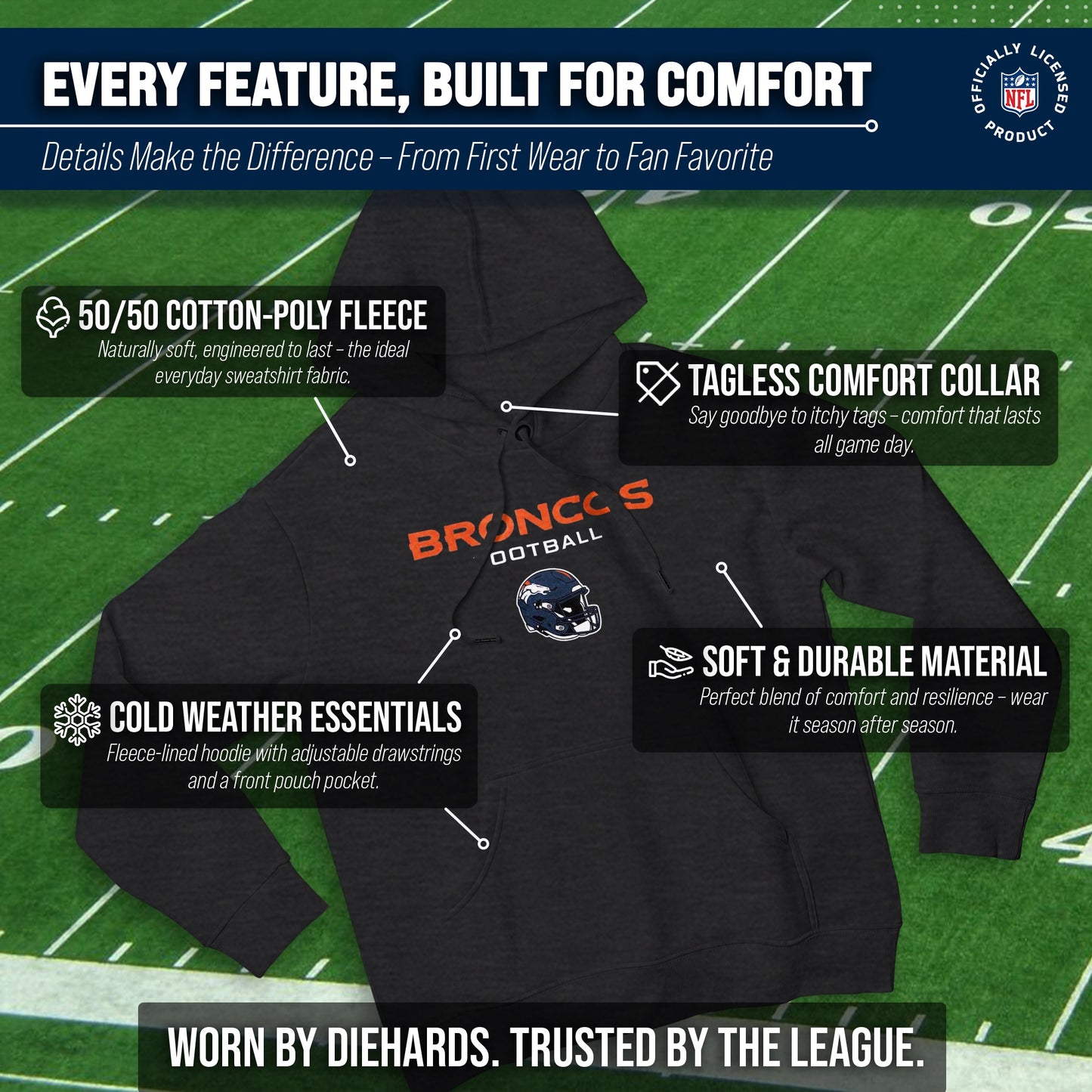 Denver Broncos Adult NFL Football Helmet Heather Hooded Sweatshirt  - Charcoal