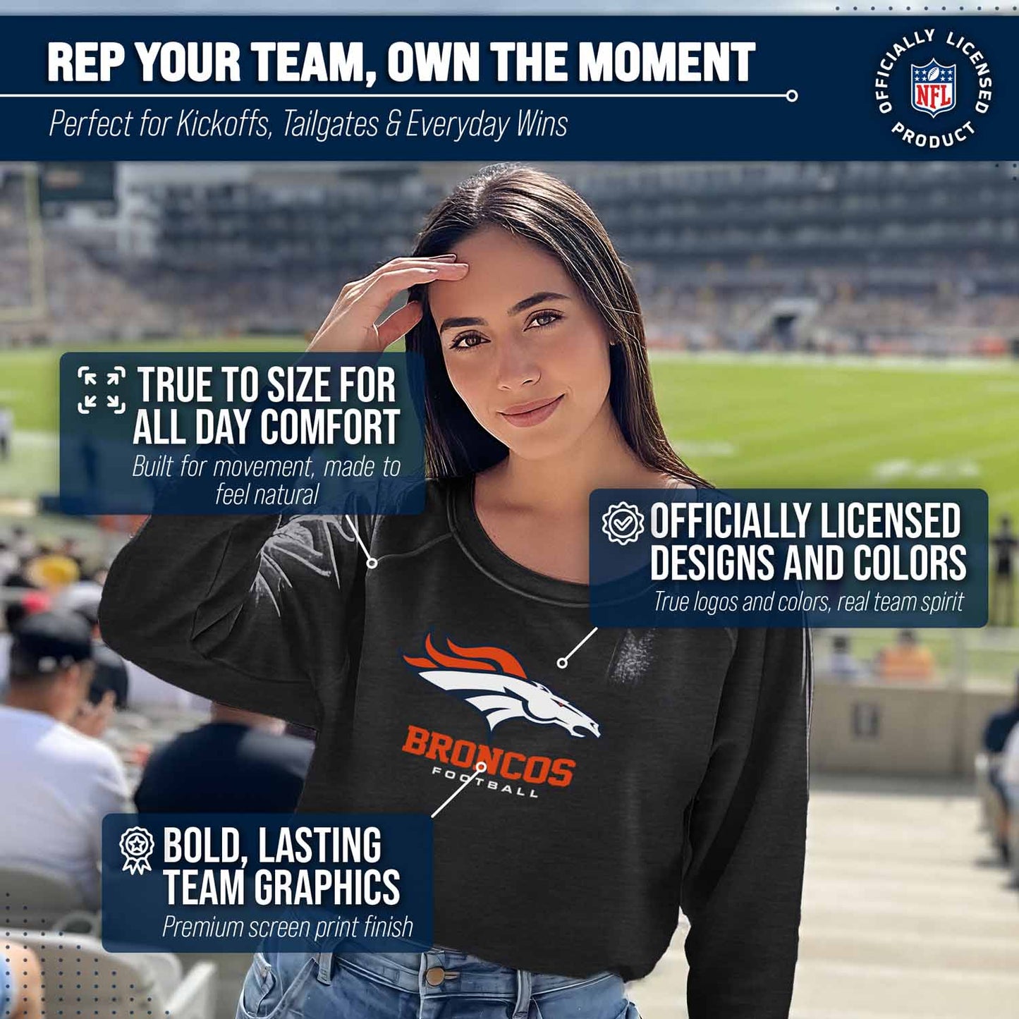 Denver Broncos NFL Womens Ultimate Fan French Terry Slouchy Top- Raglan Sleeves - Charcoal