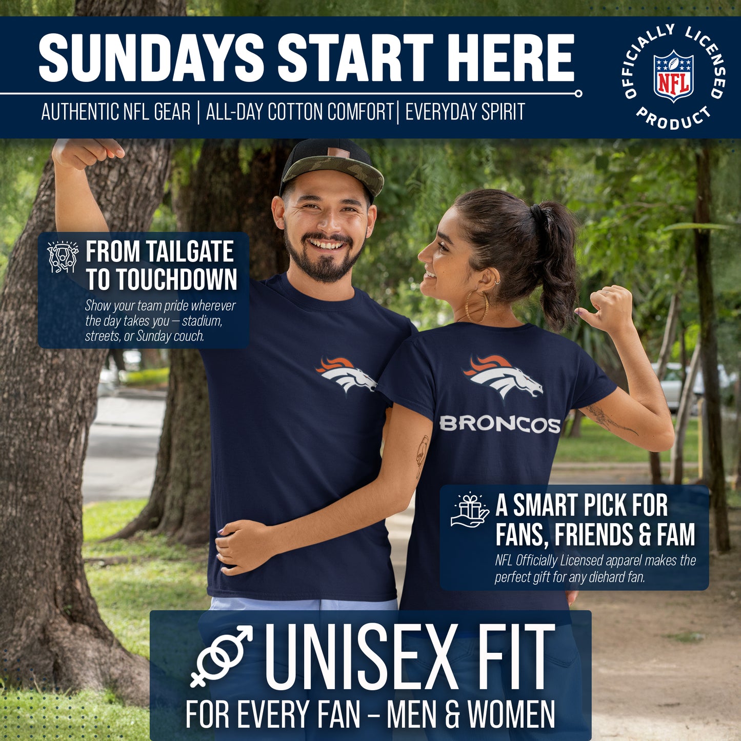 Denver Broncos NFL Pro Football Final Countdown Adult Cotton-Poly Short Sleeved T-Shirt For Men & Women - Navy