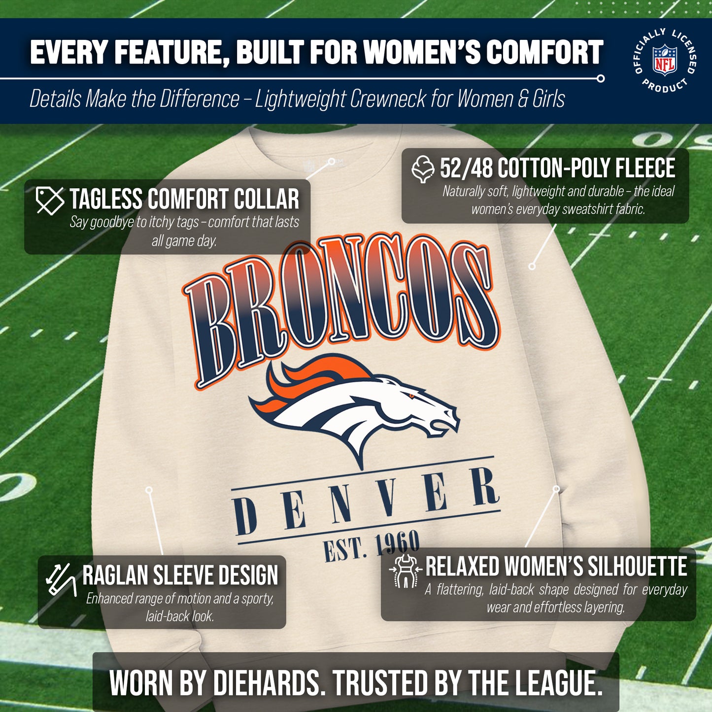 Denver Broncos Womens NFL Starstruck Crewneck Pullover - Cream