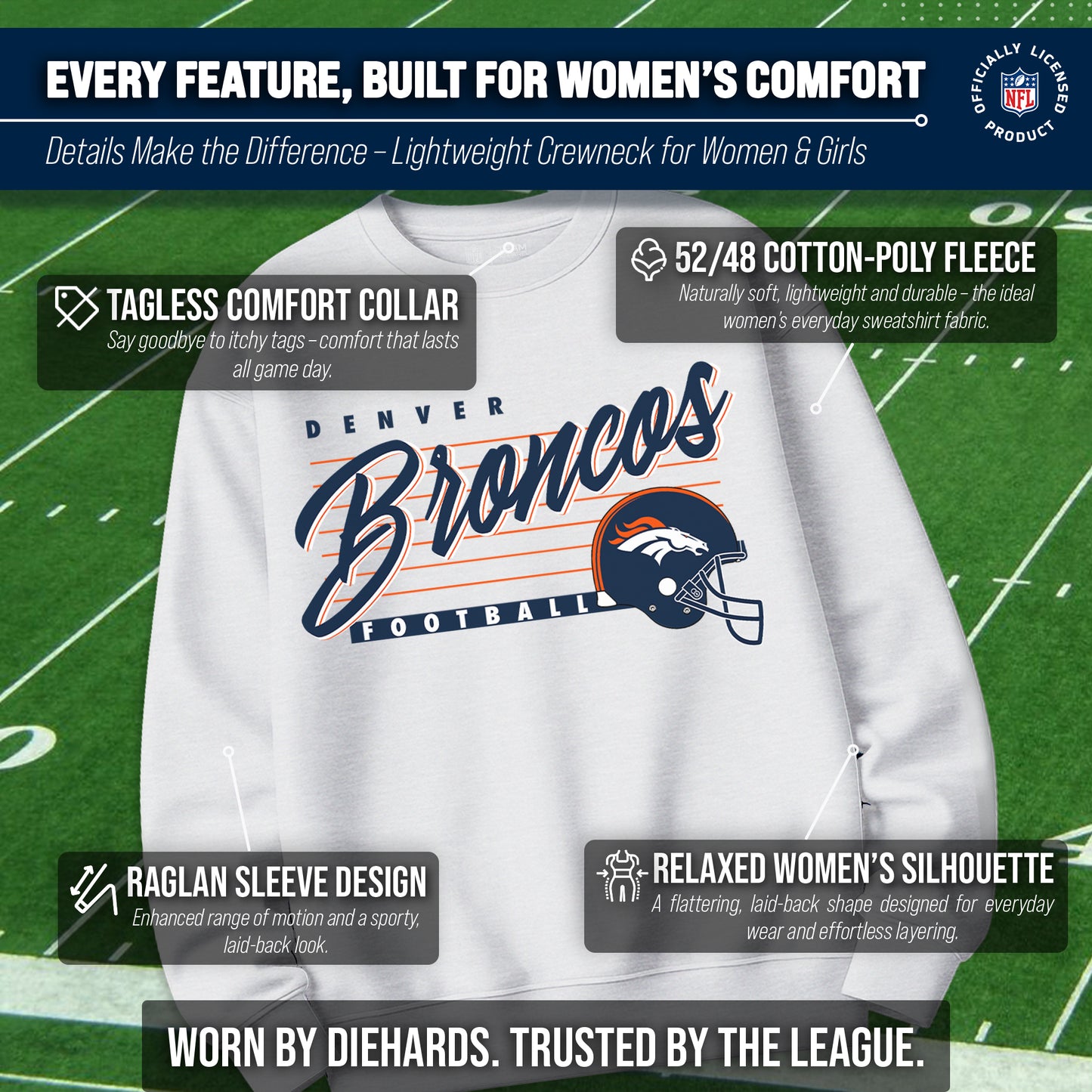 Denver Broncos Womens NFL Scrimmage Line Crewneck Pullover - Gray Heather