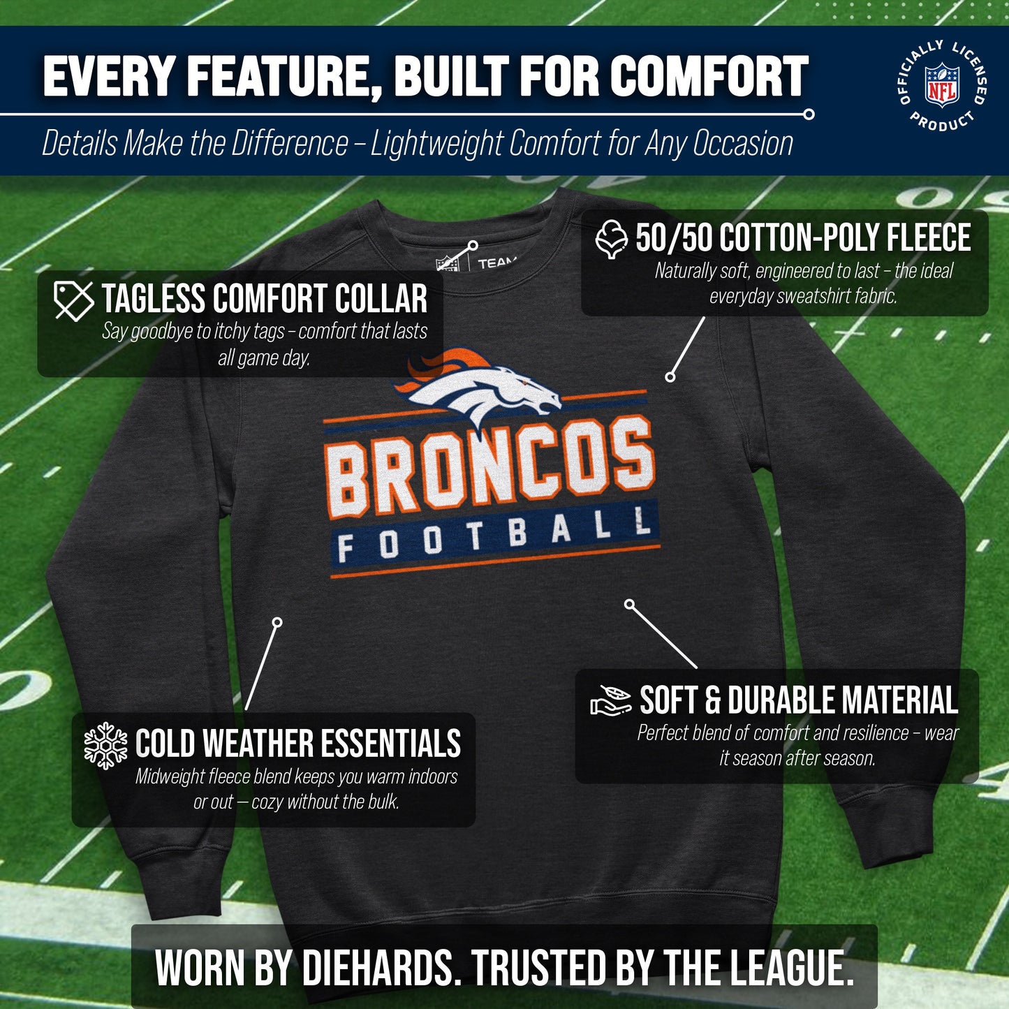 Denver Broncos NFL Adult True Fan Crewneck Sweatshirt - Charcoal