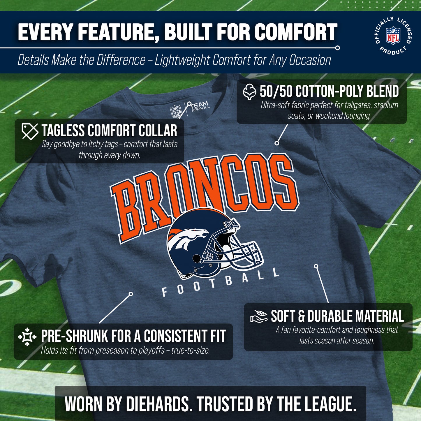 Denver Broncos NFL Adult All Star Heather Tag-Less T-Shirt - Navy Heather