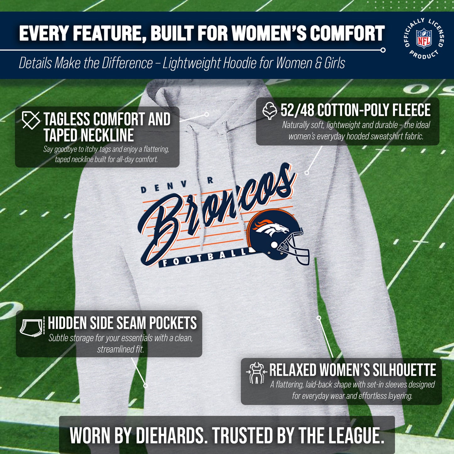 Denver Broncos Ladies NFL Scrimmage Line Fleece Pullover Hooded Sweatshirt - Gray Heather