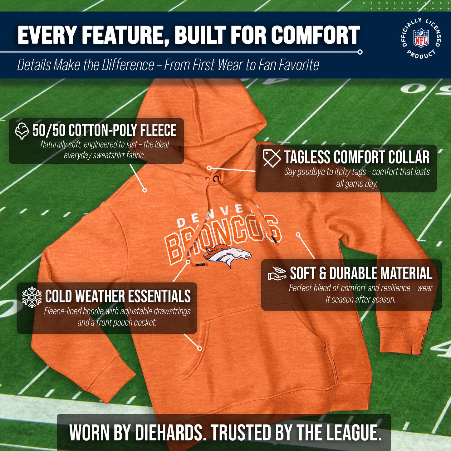 Denver Broncos NFL Adult Unisex Starting Fresh Ultra Soft Fleece Hooded Sweatshirt - Orange