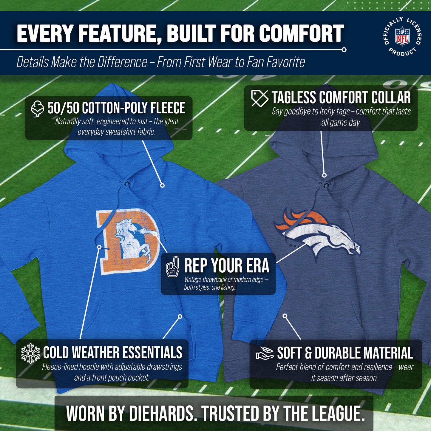 Denver Broncos NFL Adult Unisex Modern Throwback Ultra Soft Fleece Hooded Sweatshirt - Navy