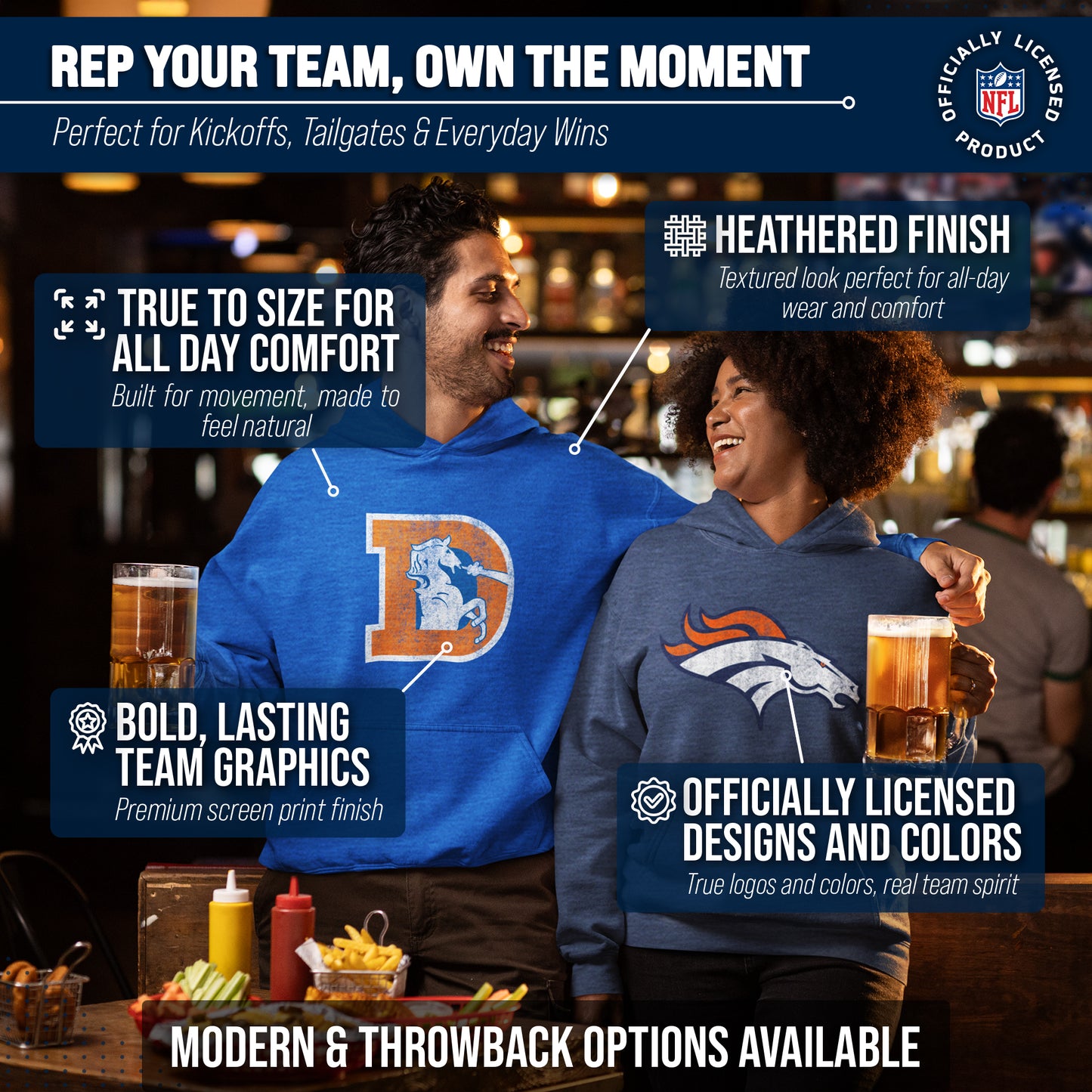 Denver Broncos NFL Adult Unisex Modern Throwback Ultra Soft Fleece Hooded Sweatshirt - Navy