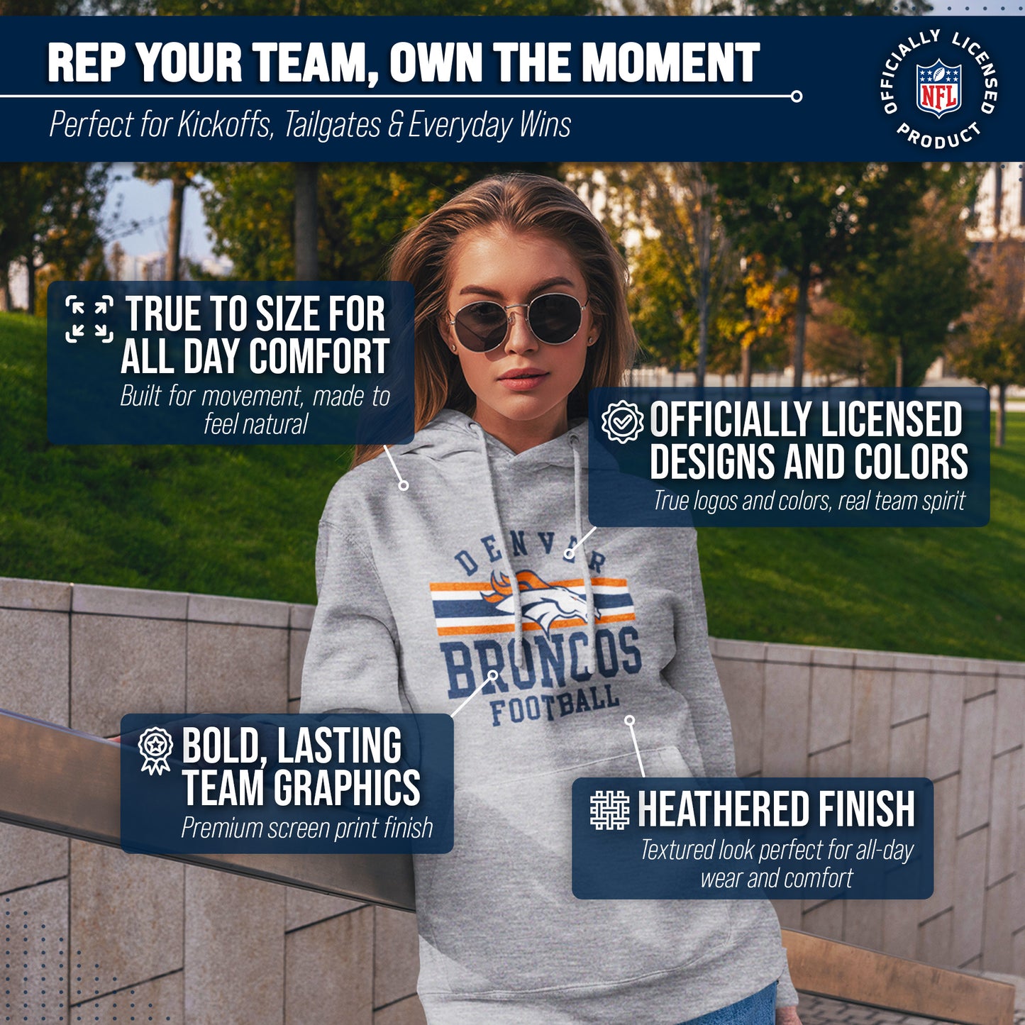 Denver Broncos NFL Team Stripe Hooded Sweatshirt- Soft Pullover Sports Hoodie For Men & Women - Sport Gray