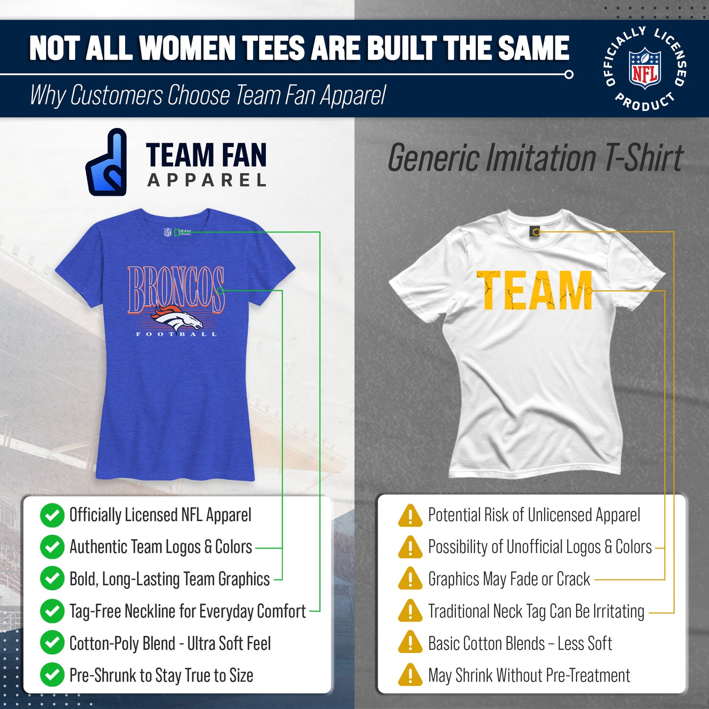 Denver Broncos NFL Womens Overtime Blueprint Tag-Less T-Shirt - Royal