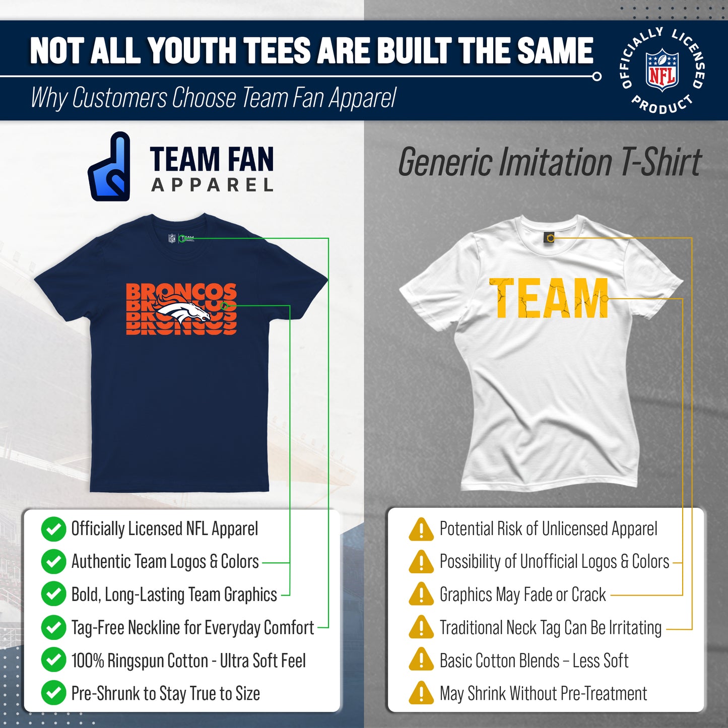 Denver Broncos NFL Youth Repeating Logo Football T-Shirt Unisex Tag Free Comfortable - Navy