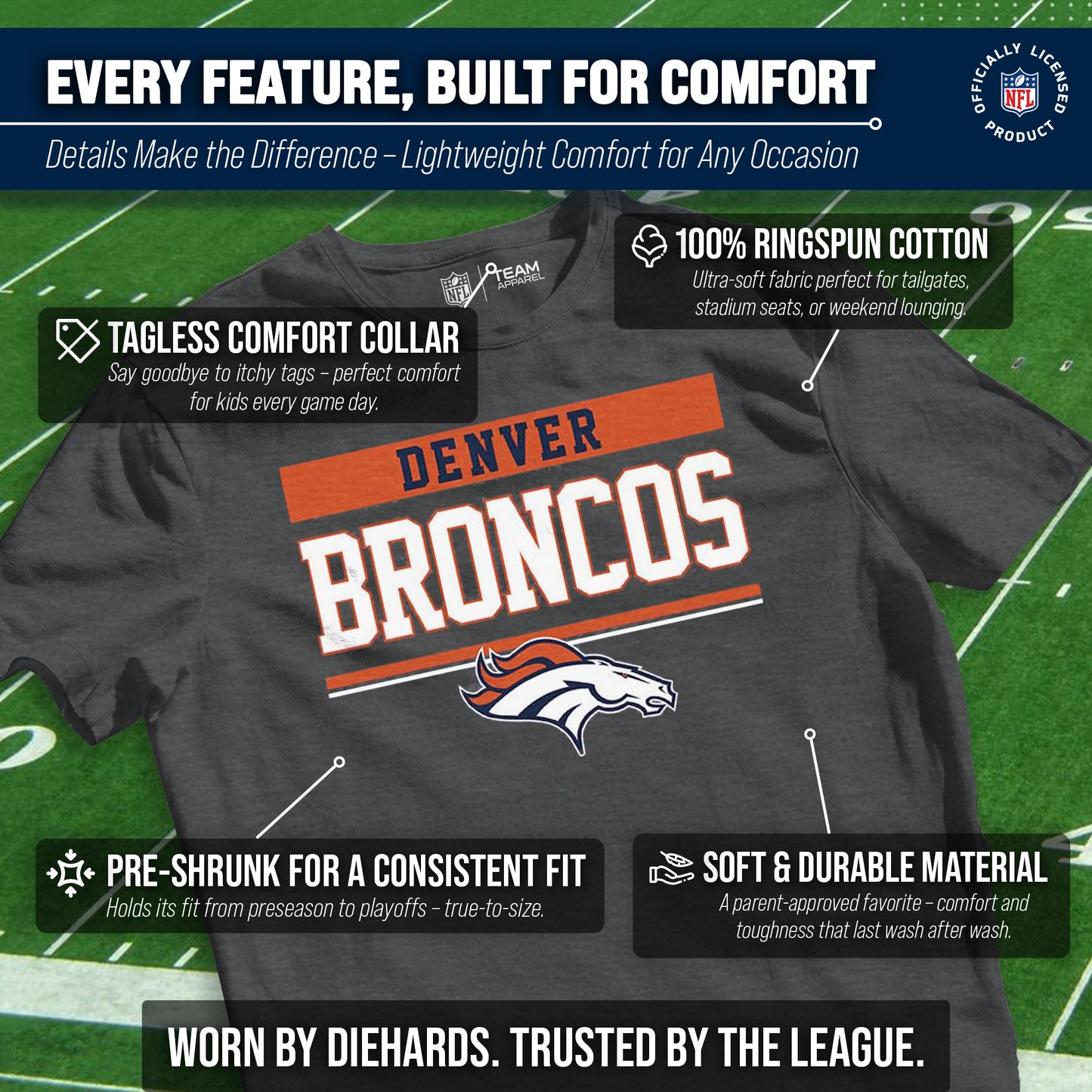 Denver Broncos NFL Youth Short Sleeve Charcoal T Shirt - Charcoal