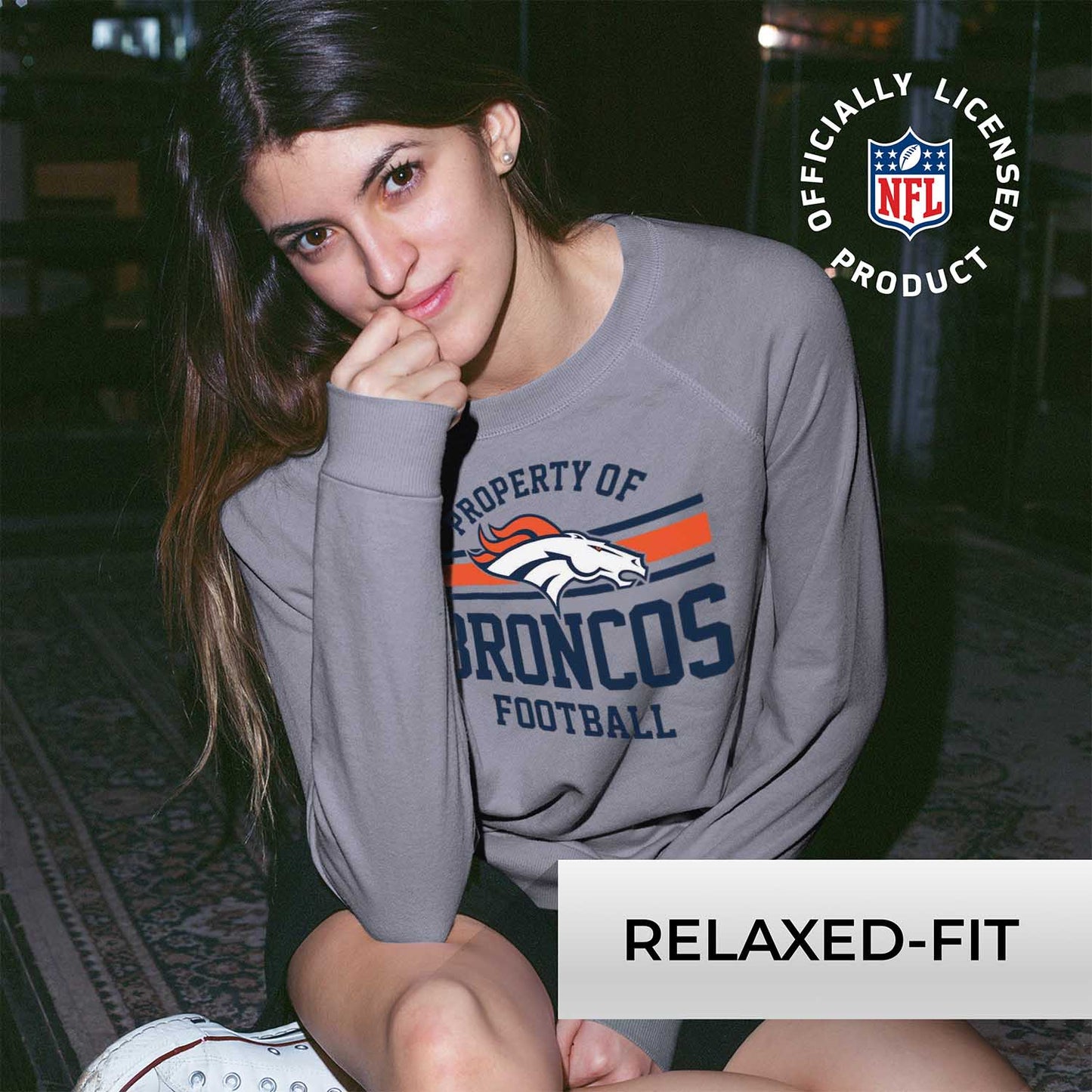 Denver Broncos NFL Womens Property of Lighweight Crew Neck - Sport Gray